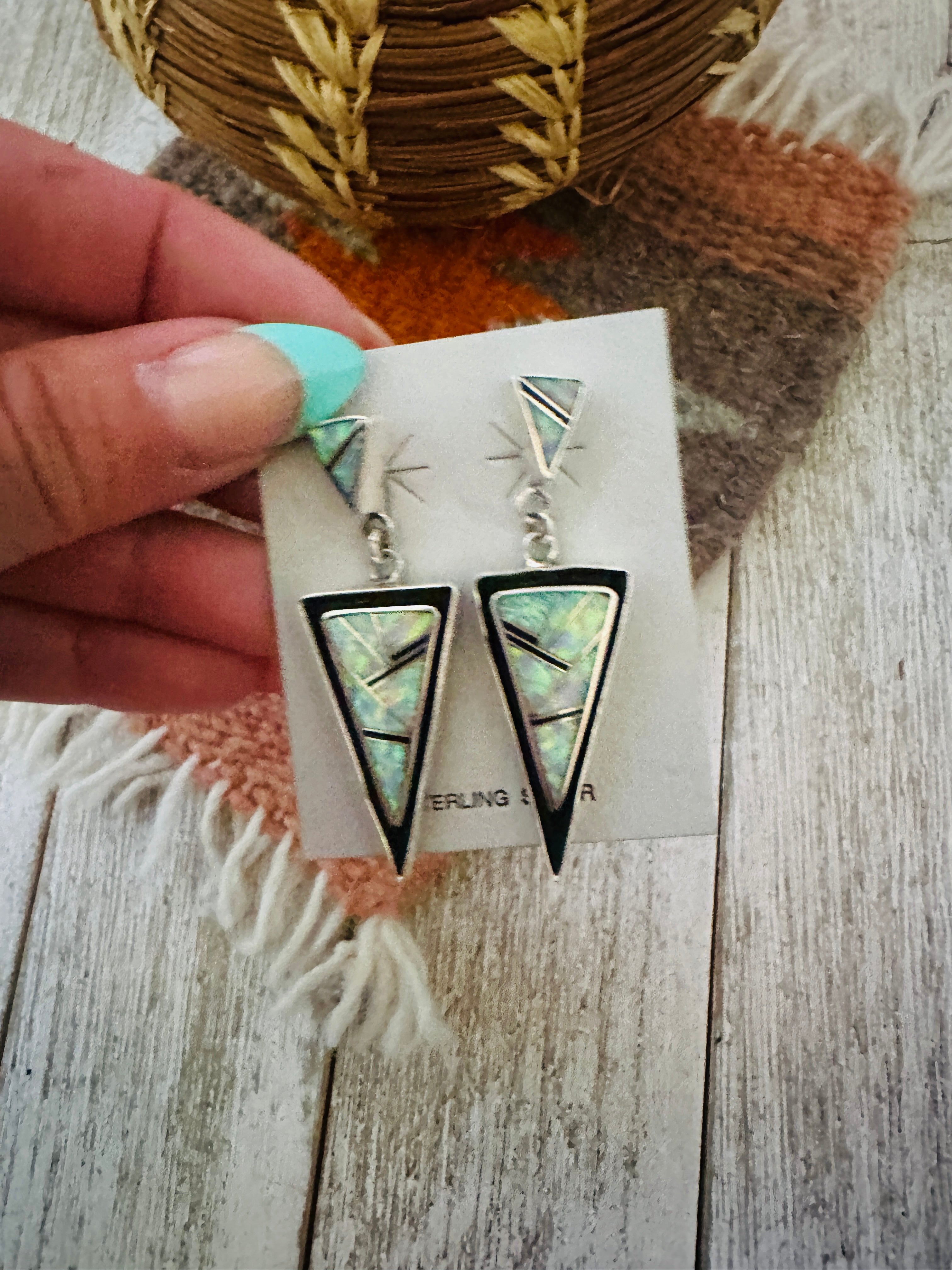 Handcrafted Opal & Sterling Silver Inlay Dangle Earrings