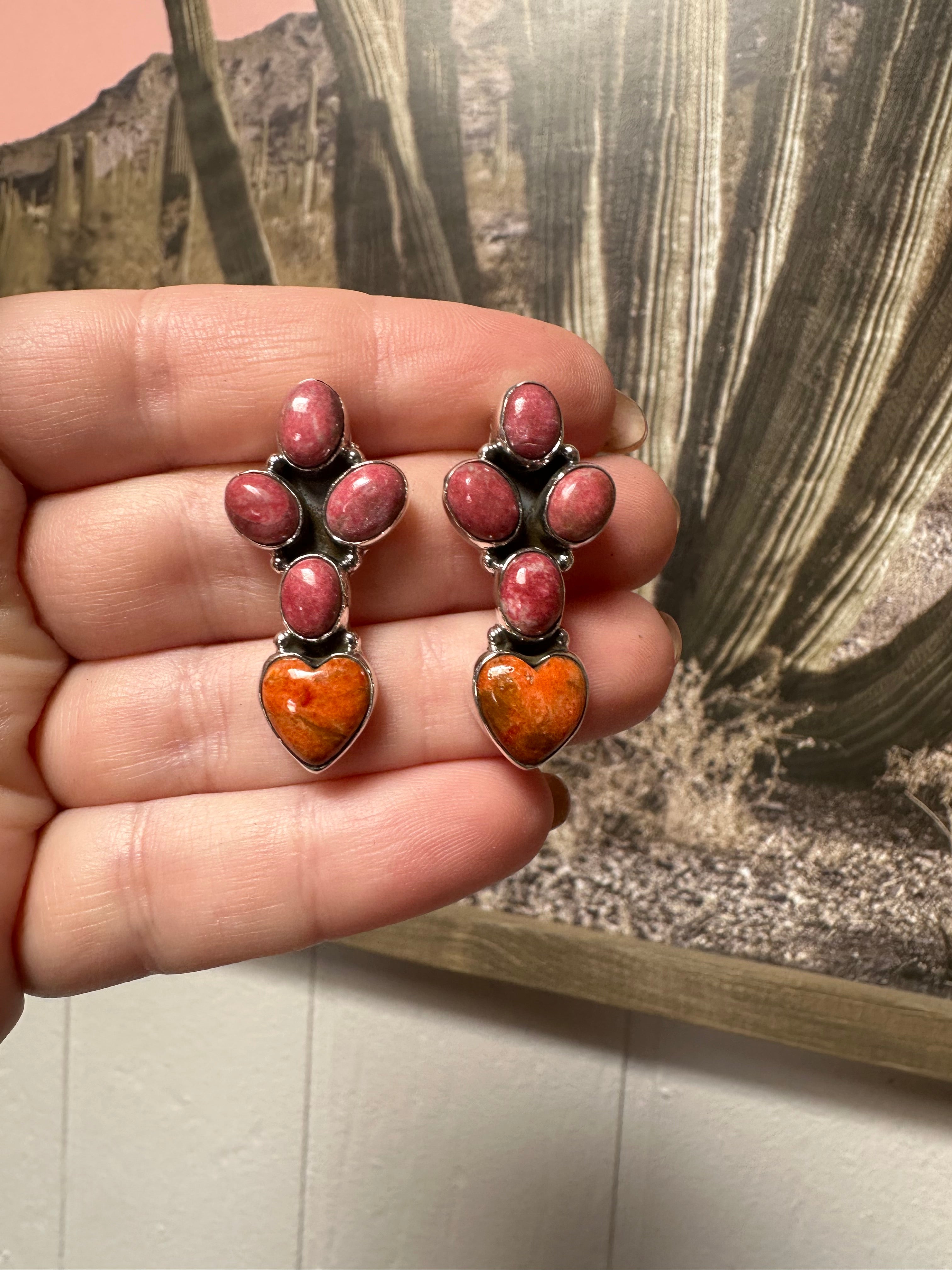 Handmade Orange Mojave, Rhodonite and Sterling Silver Post Earrings Signed Nizhoni