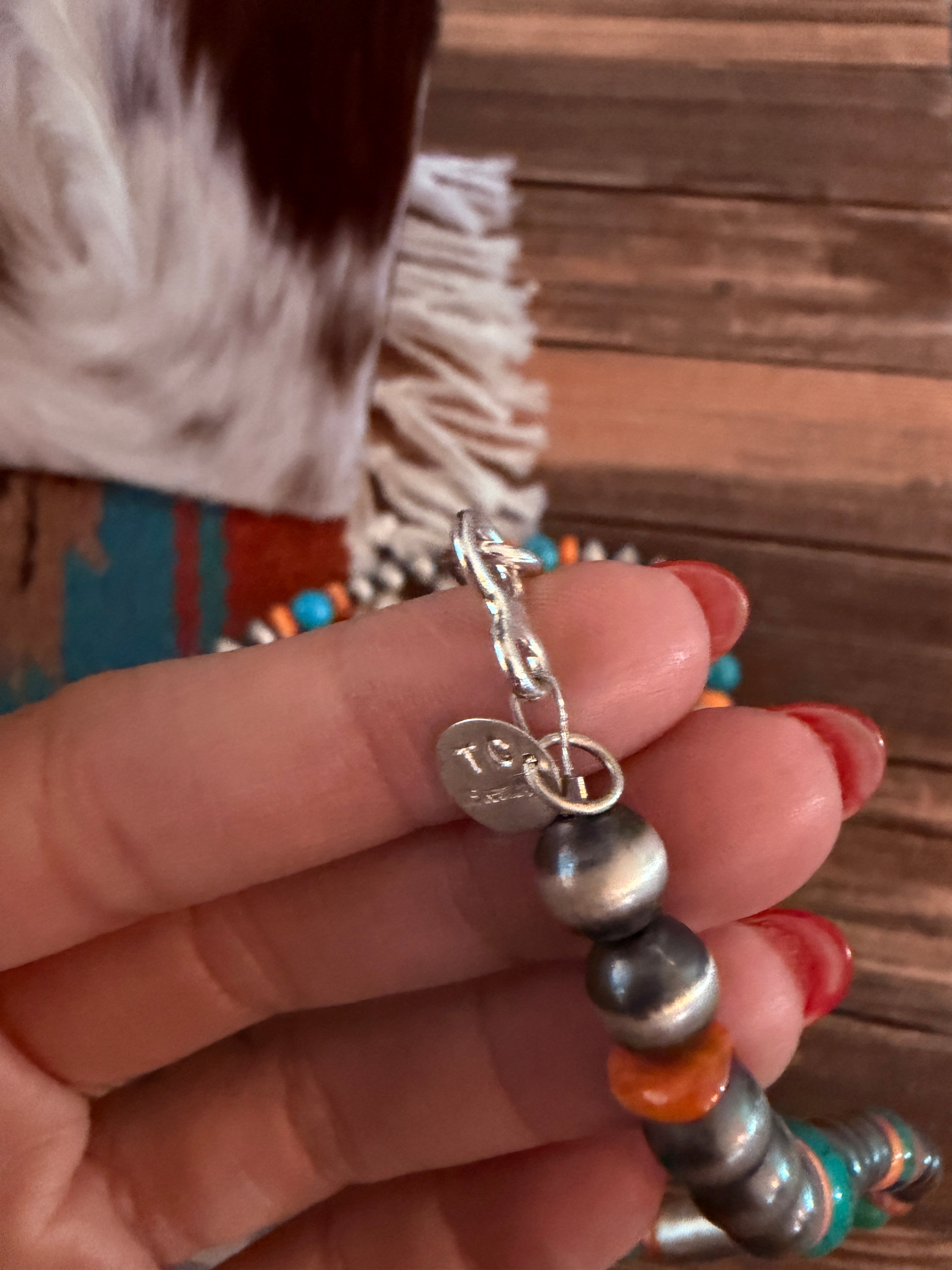 Handcrafted Turquoise, Spiny & Sterling Silver Beaded Jacla Necklace