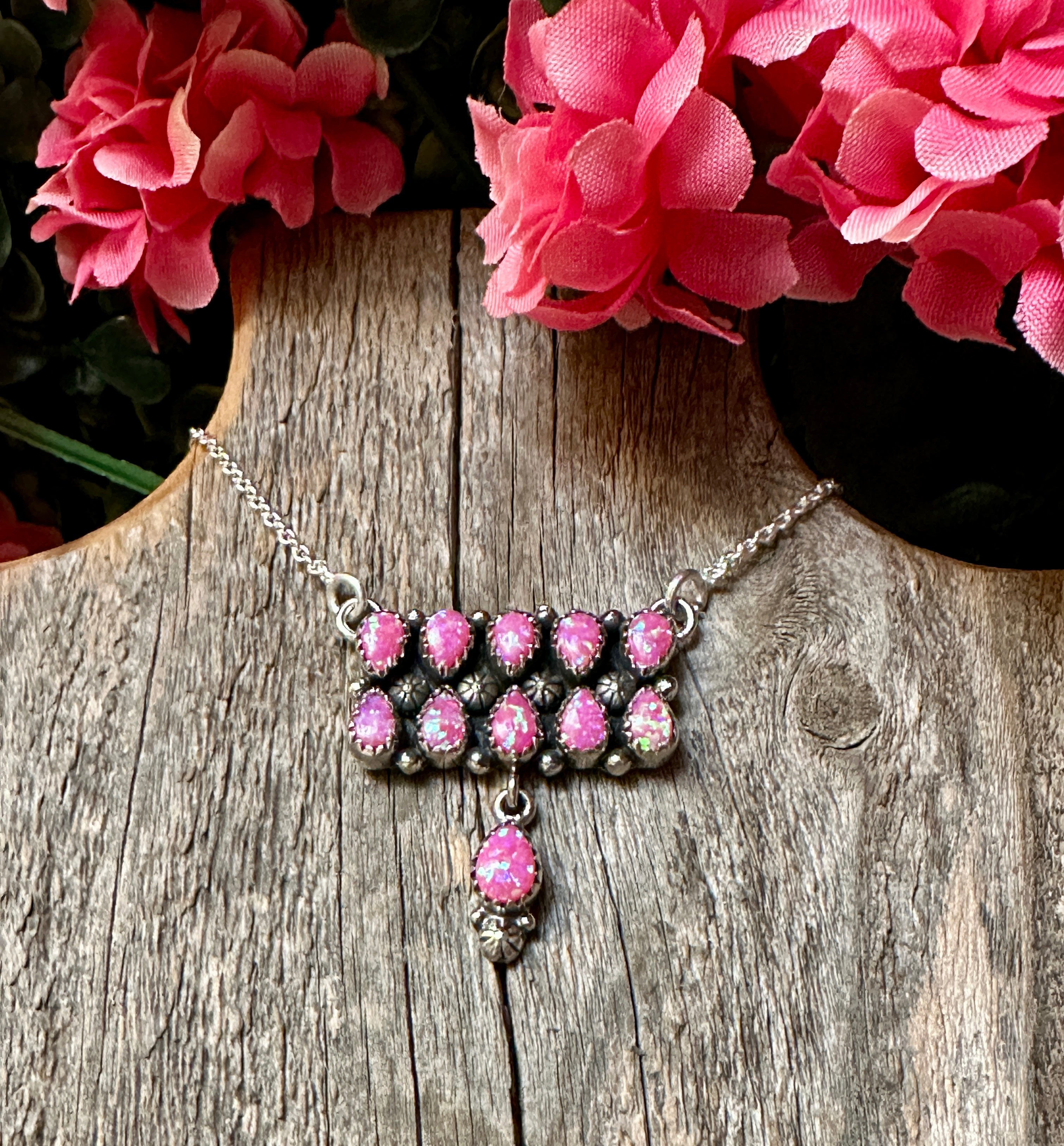 Handmade Sterling Silver & Fire Pink Opal Tear Drop Dangle, Bar Necklace