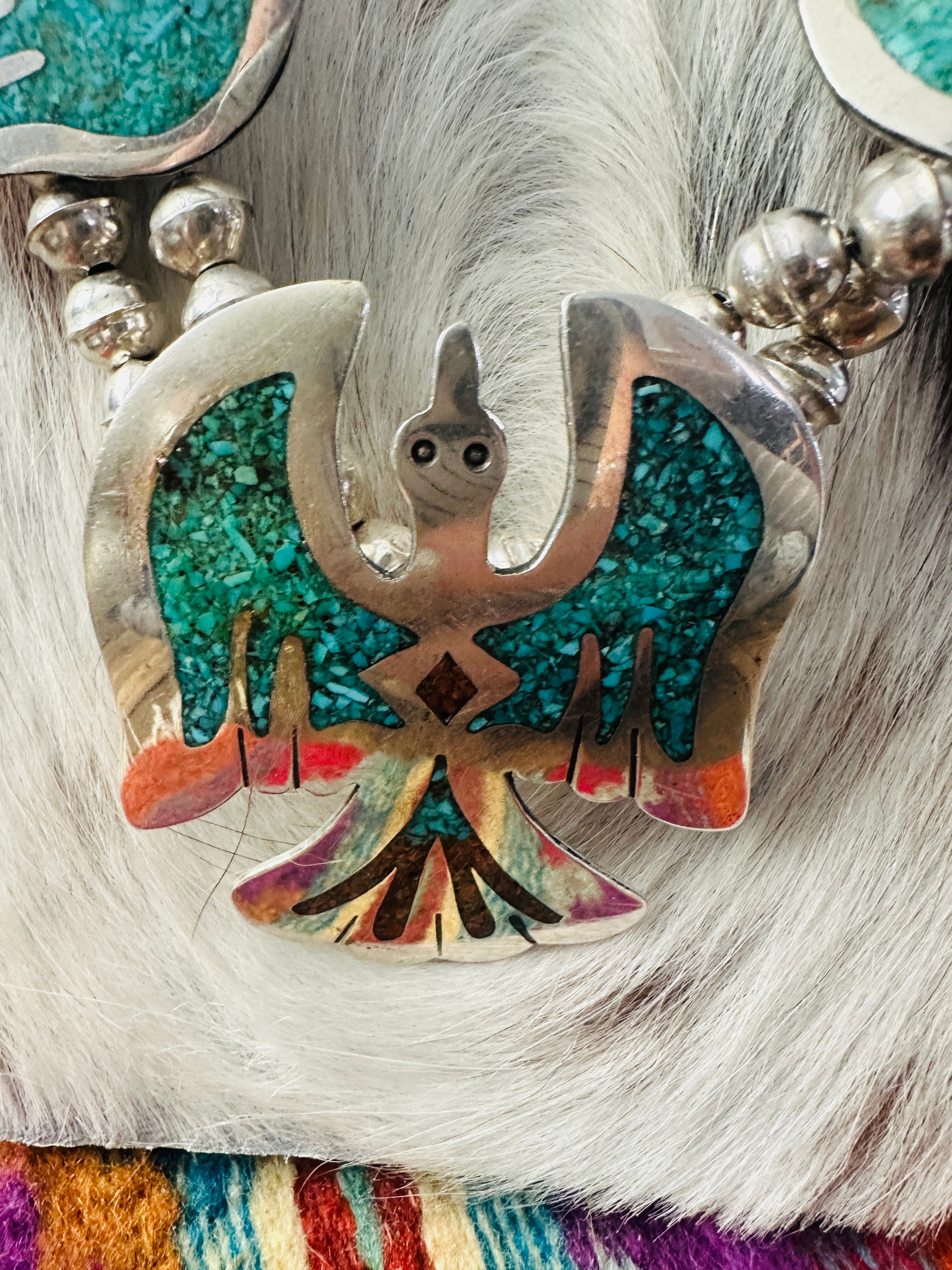 Old Pawn Handcrafted Turquoise, Coral & Sterling Silver Beaded Waterbird Necklace