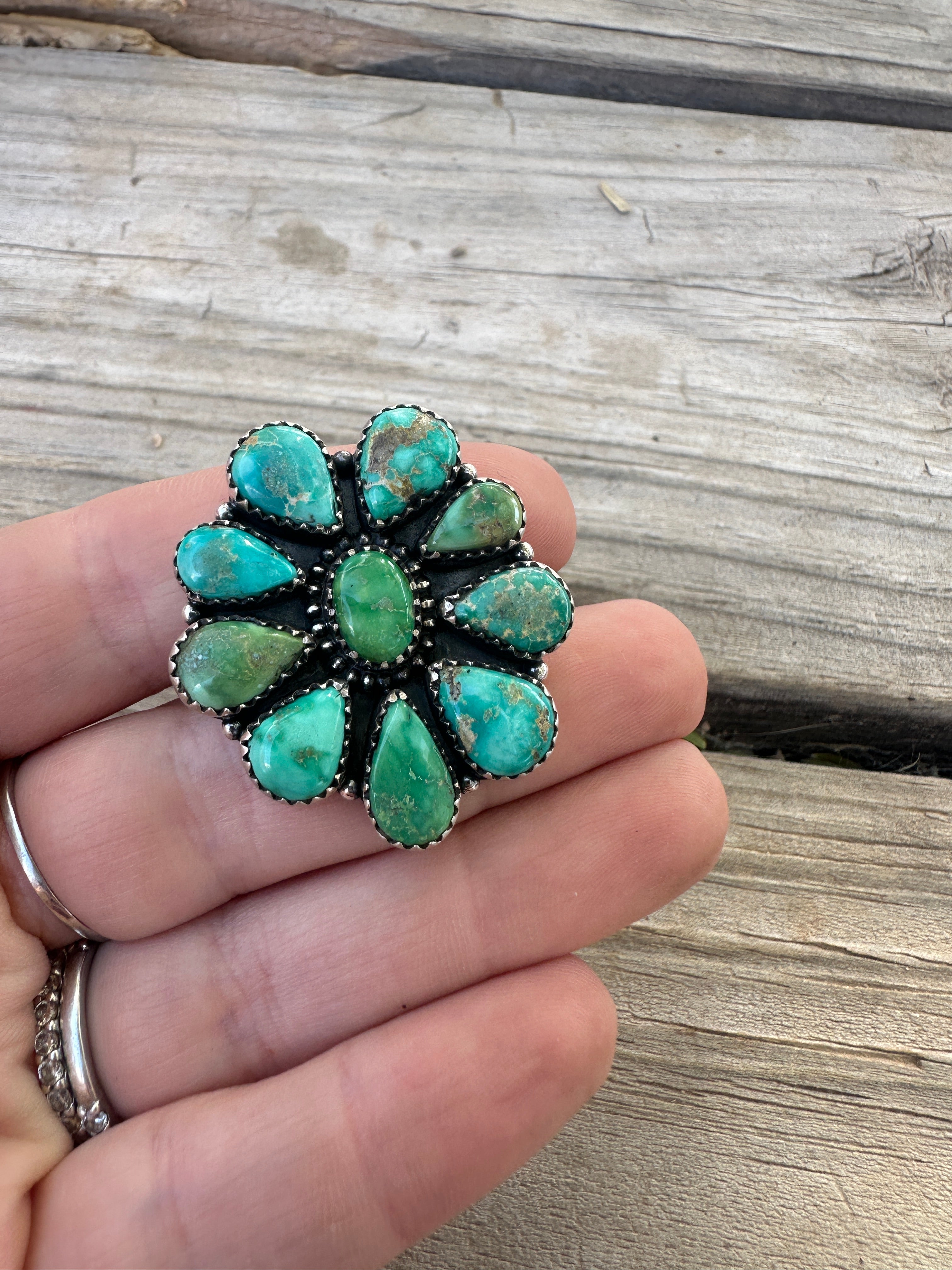 Handmade Emerald Valley Turquoise & Sterling Silver Adjustable Cluster Ring