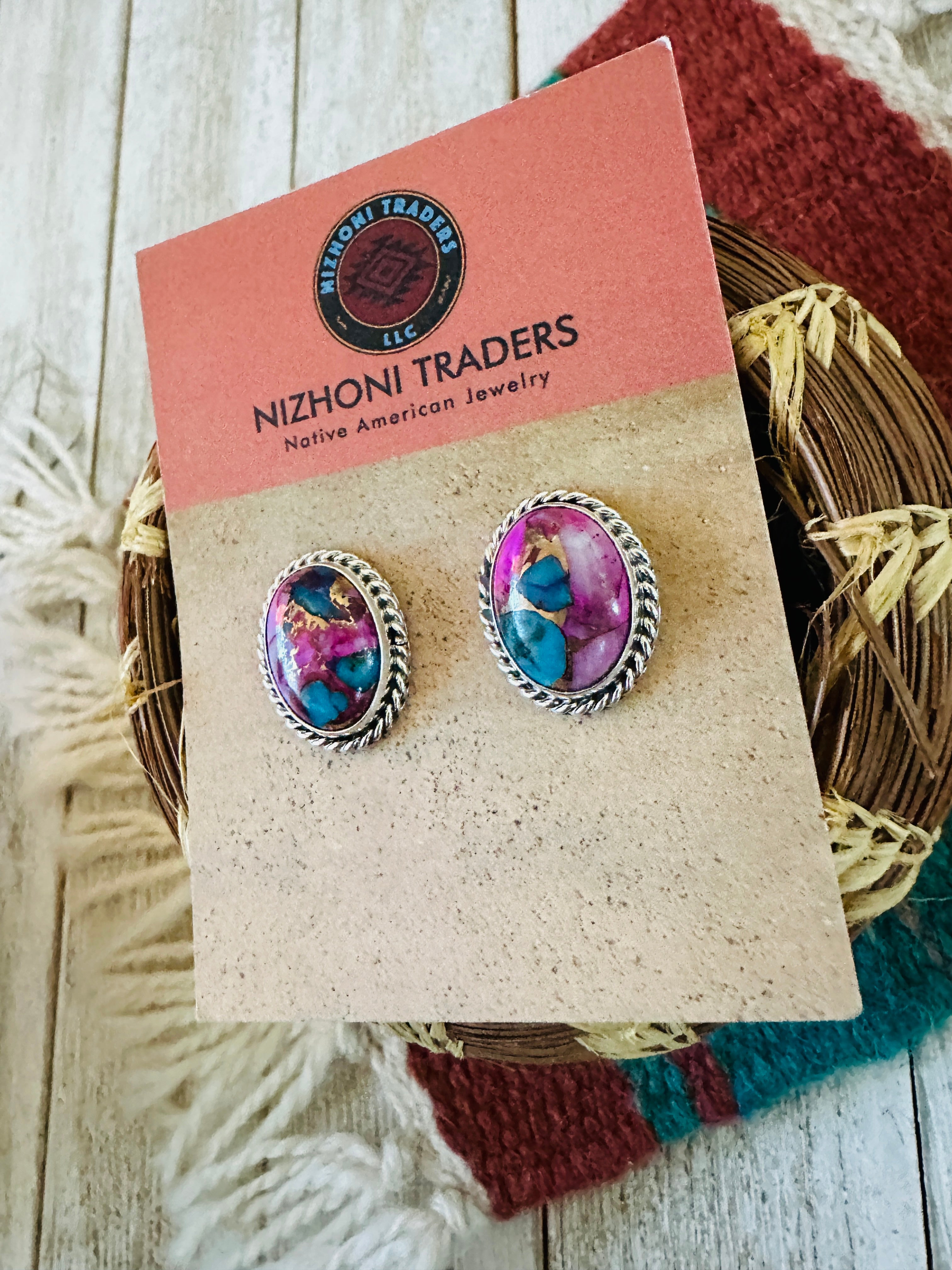 Handcrafted  Pink Dream Mojave and Sterling Silver Post Earrings