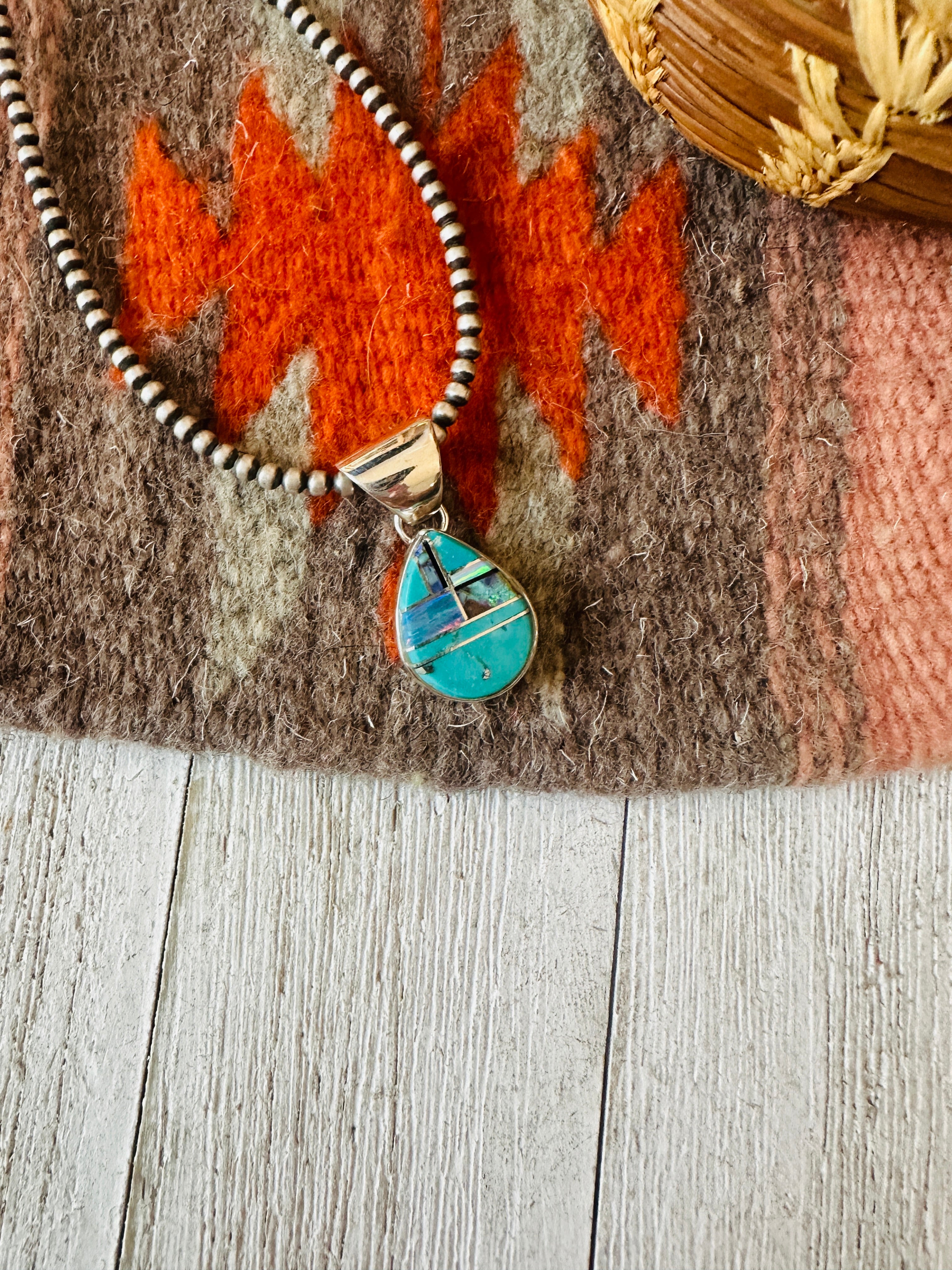 Navajo Multi Stone & Sterling Silver Inlay Teardrop Pendant