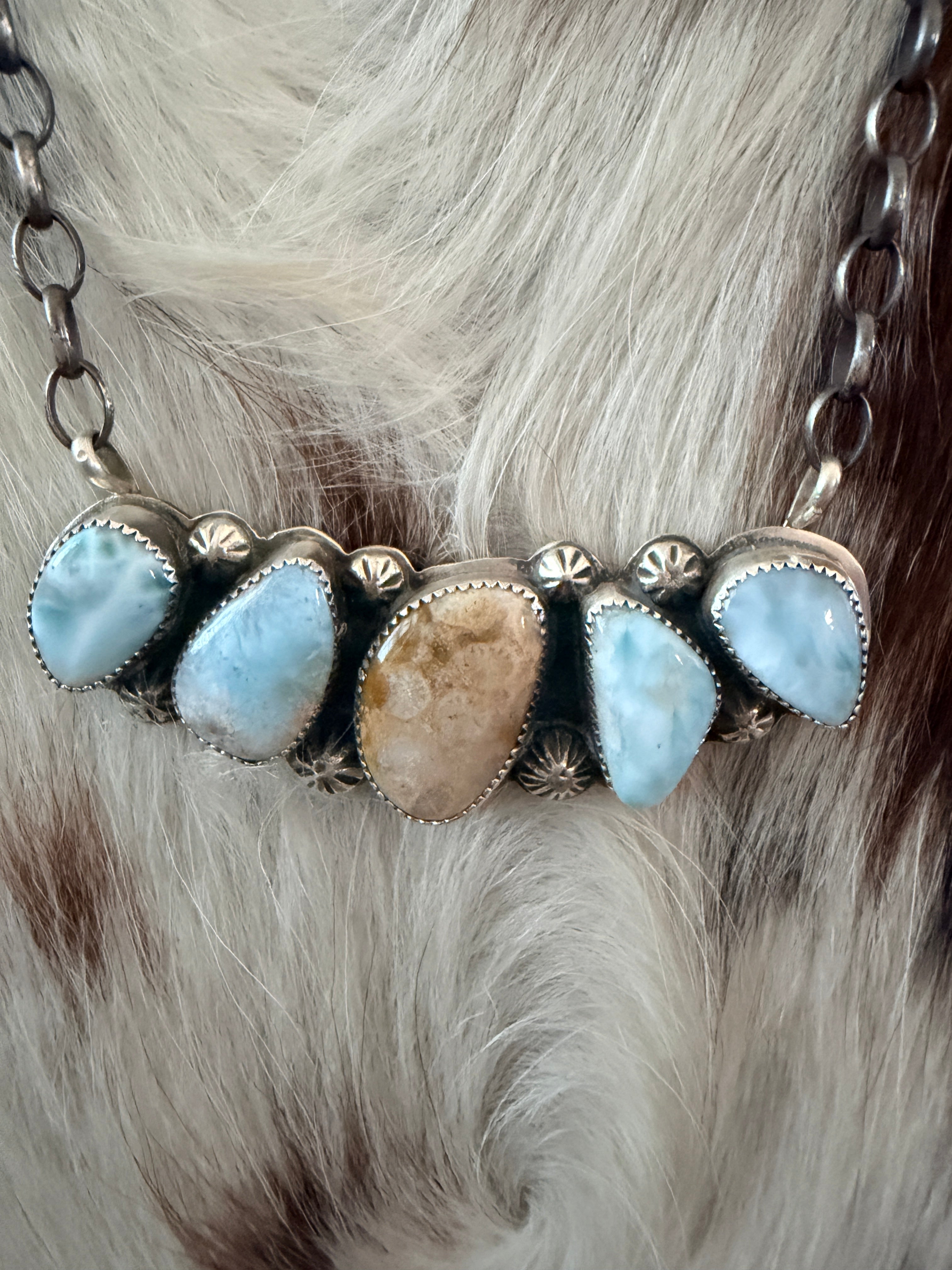 Handmade Sterling Silver, Larimar & Fossilized Coral Necklace Necklace