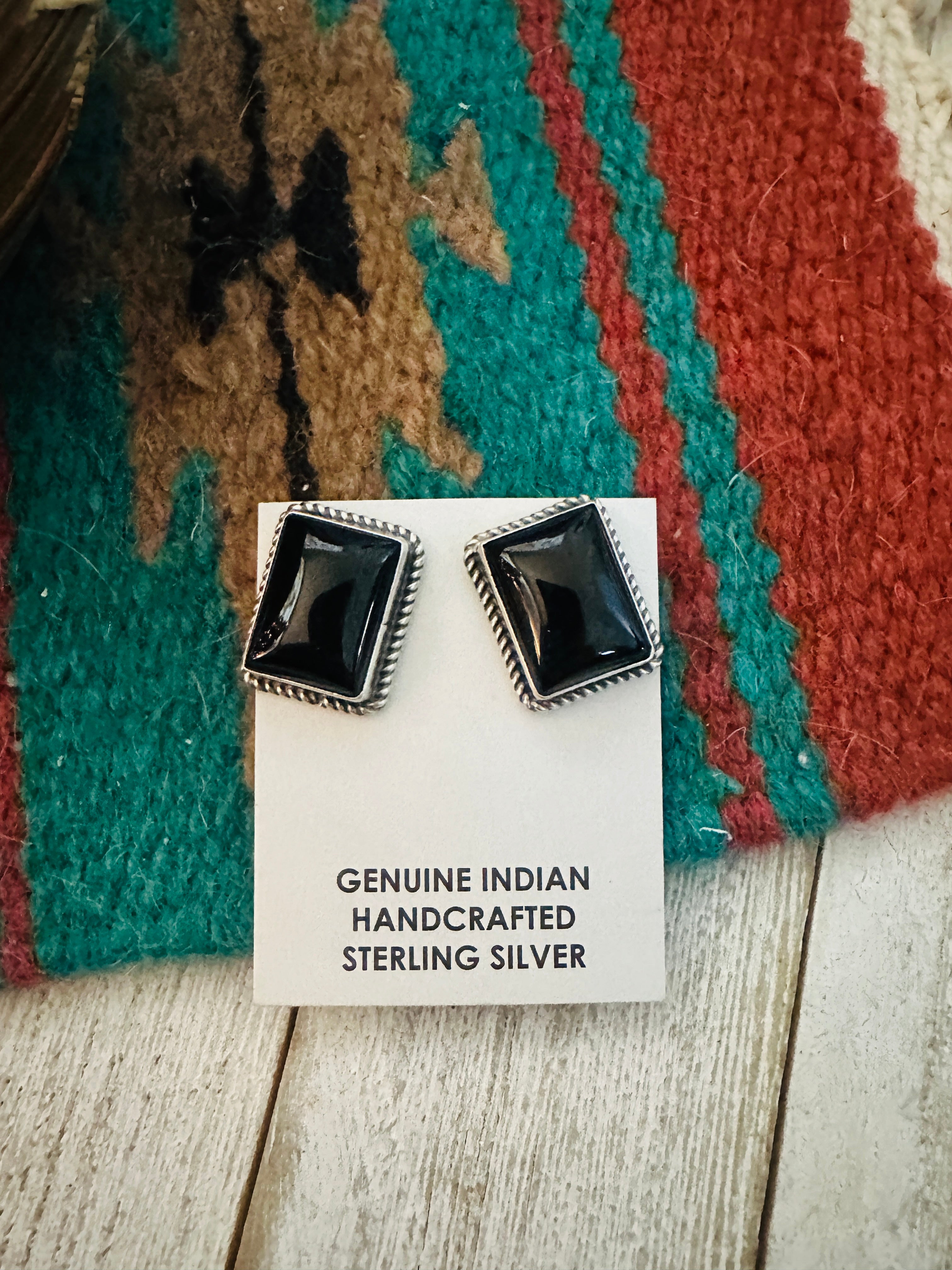 Navajo Onyx & Sterling Silver Post Earrings