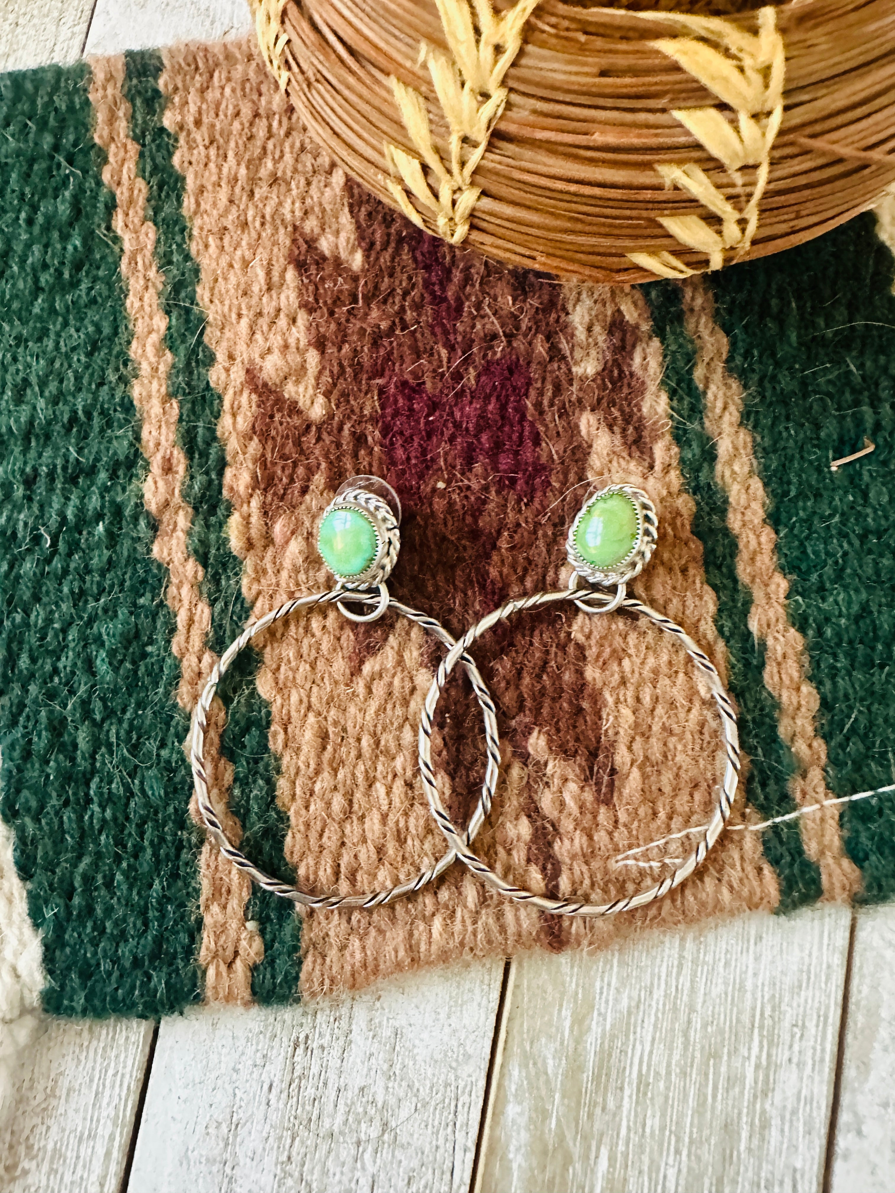 Navajo Turquoise & Sterling Silver Dangle Hoop Earrings