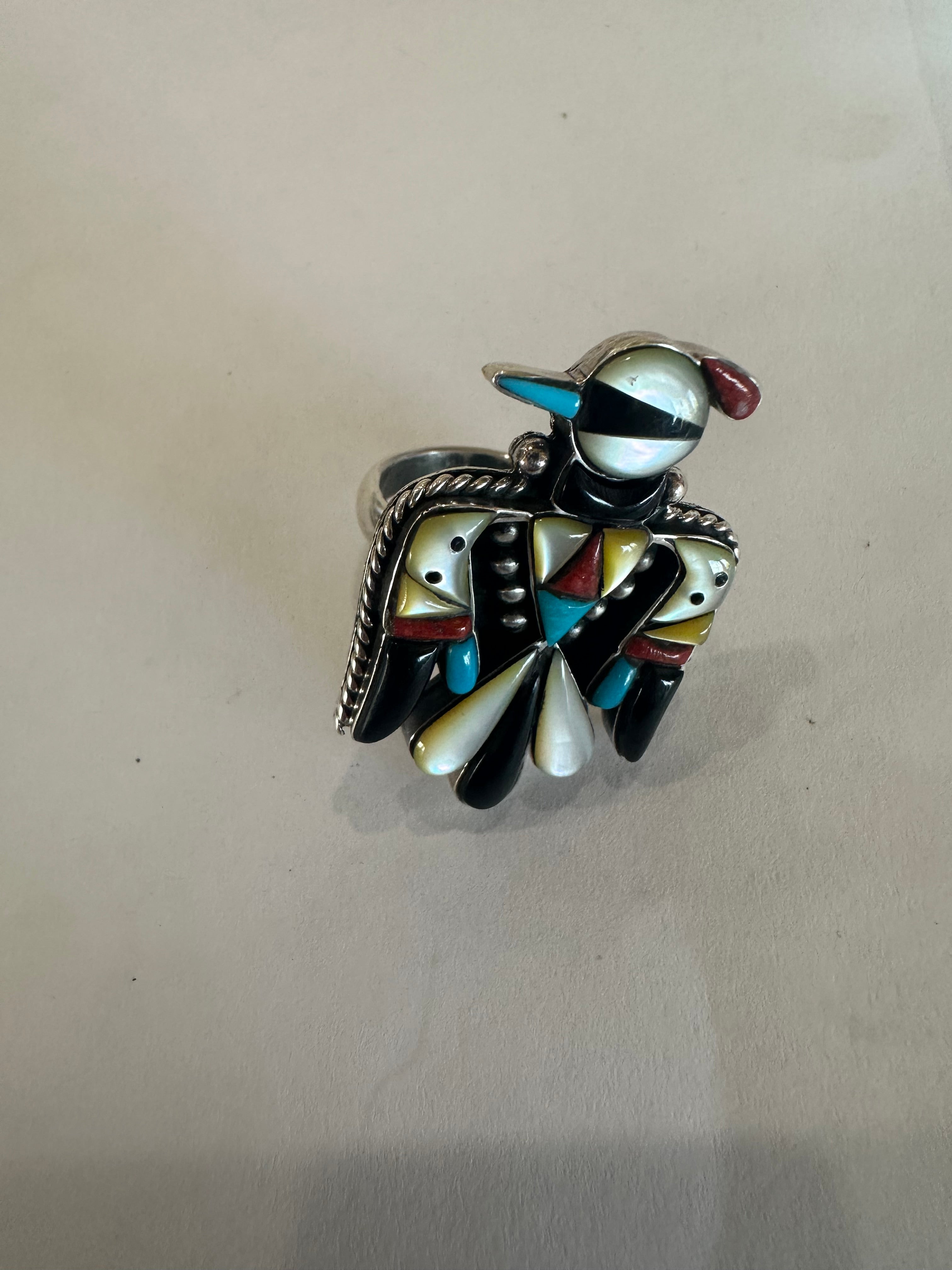 Handmade Sterling Silver & Multi Stone Inlay Thunderbird Adjustable Ring