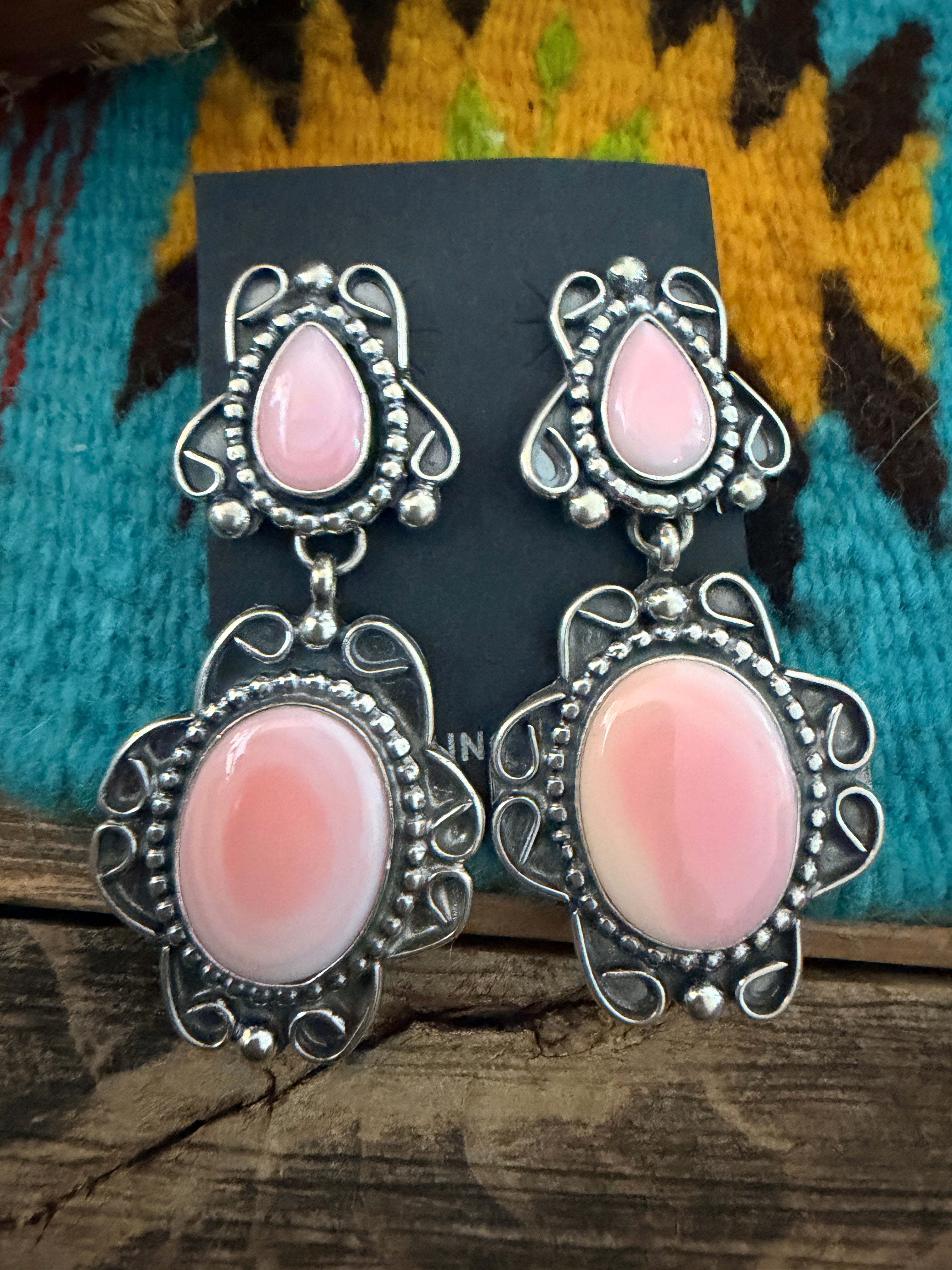 Handcrafted Queen Pink Conch & Sterling Silver Dangle Earrings