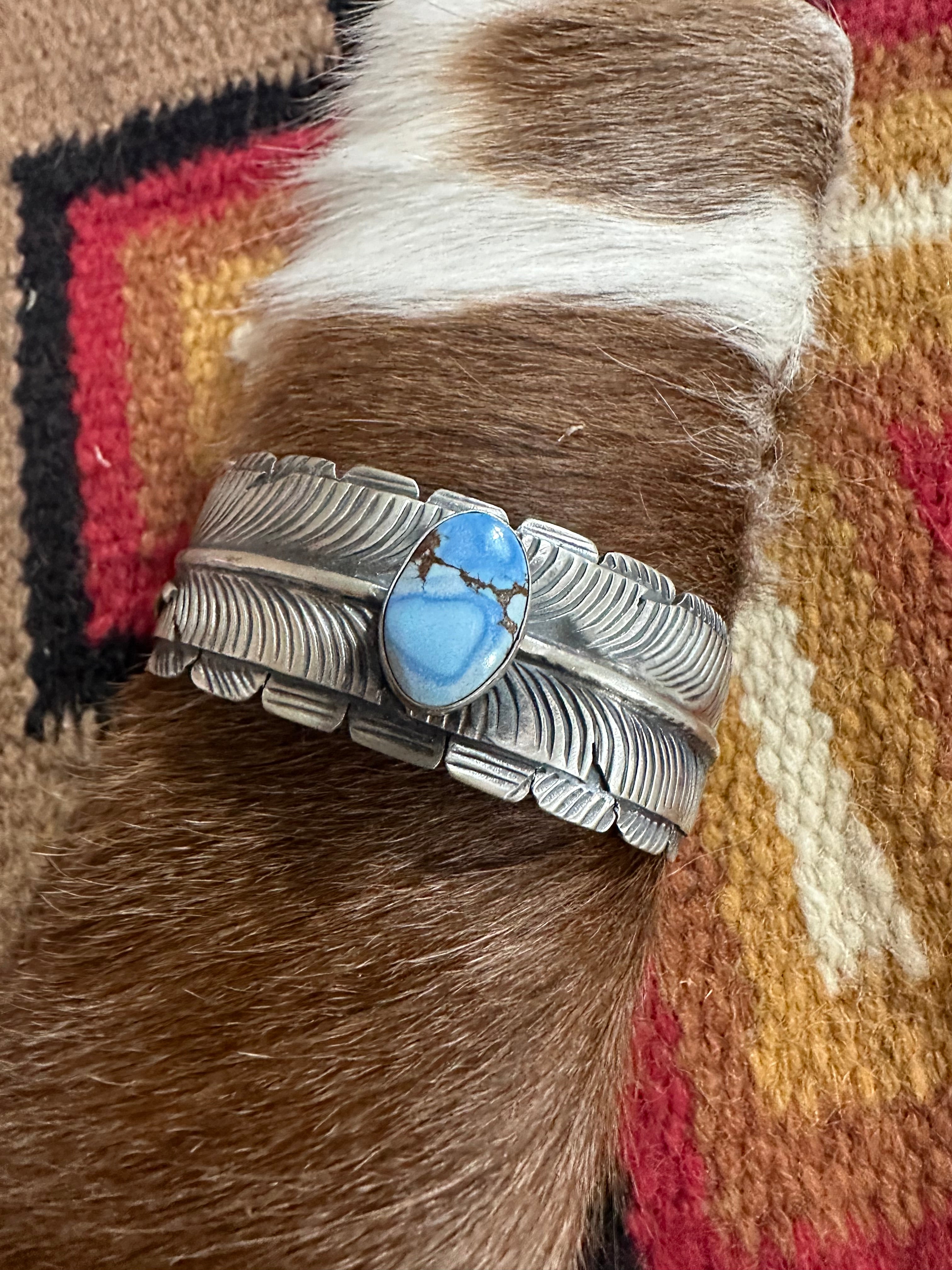 Navajo Golden Hill Turquoise & Sterling Silver Cuff Bracelet Signed KM