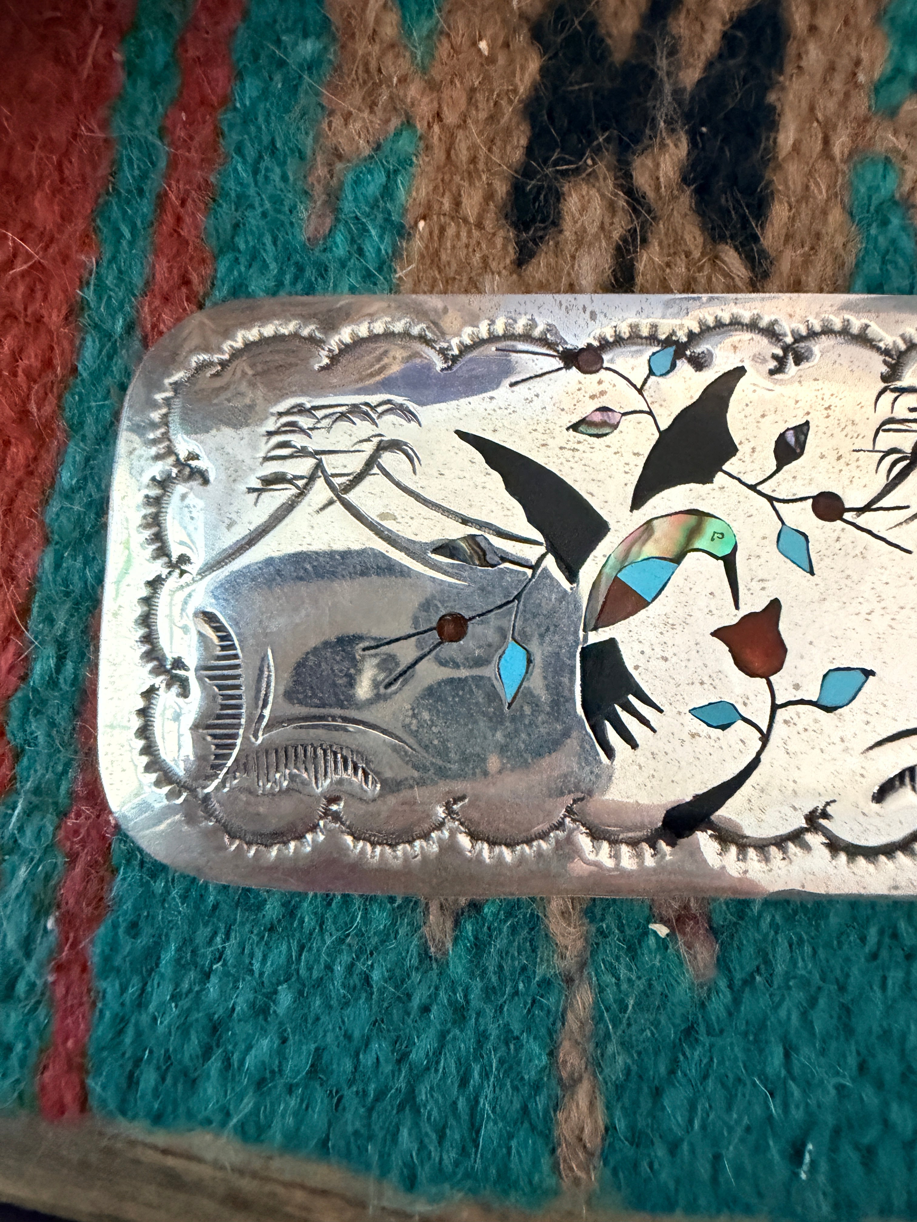 Handcrafted Vintage Old Pawn Sterling Silver and Multi Stone Inlay Hummingbird Belt Buckle