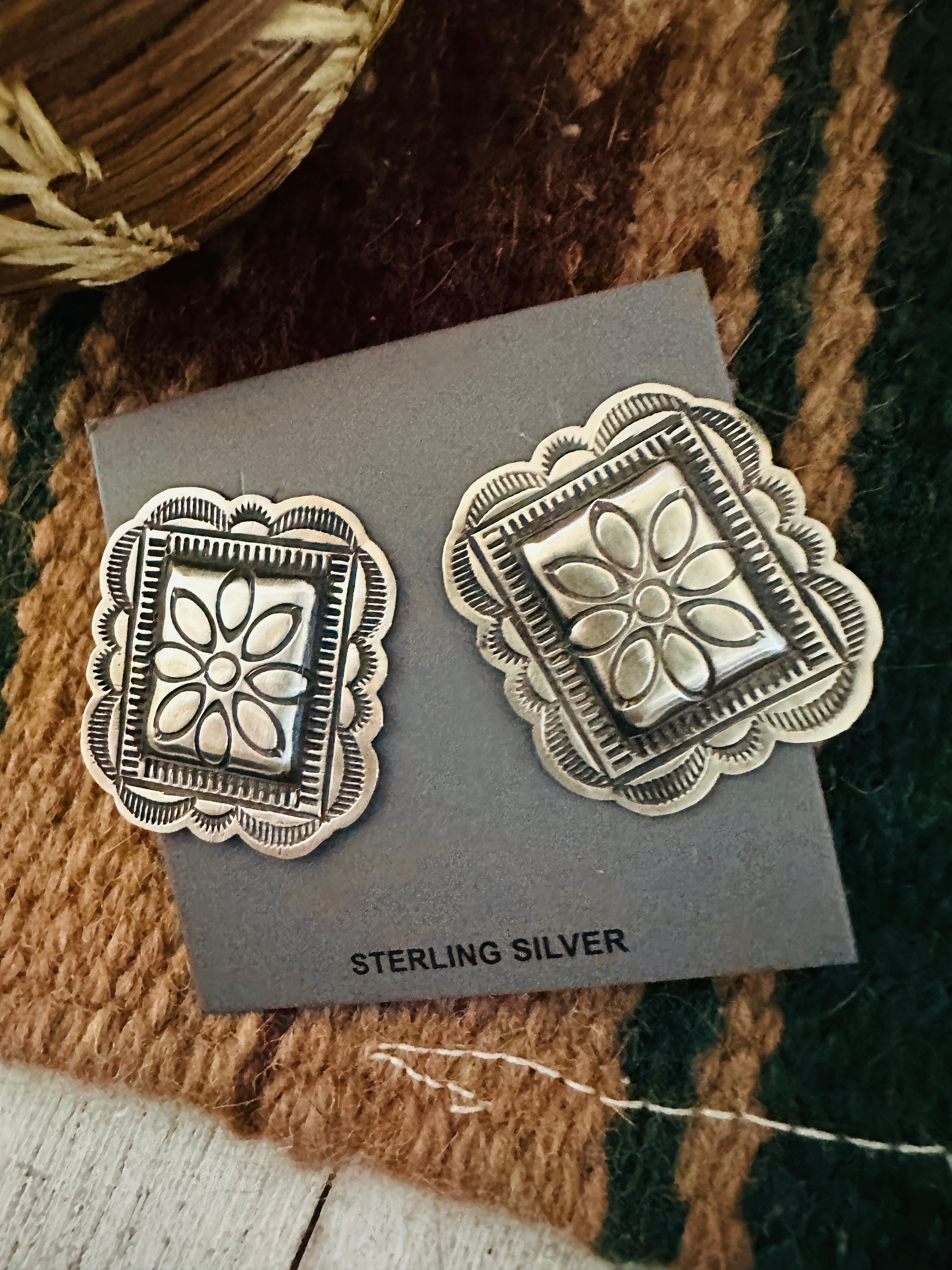 Navajo Hand Stamped Sterling Silver Concho Post Earrings