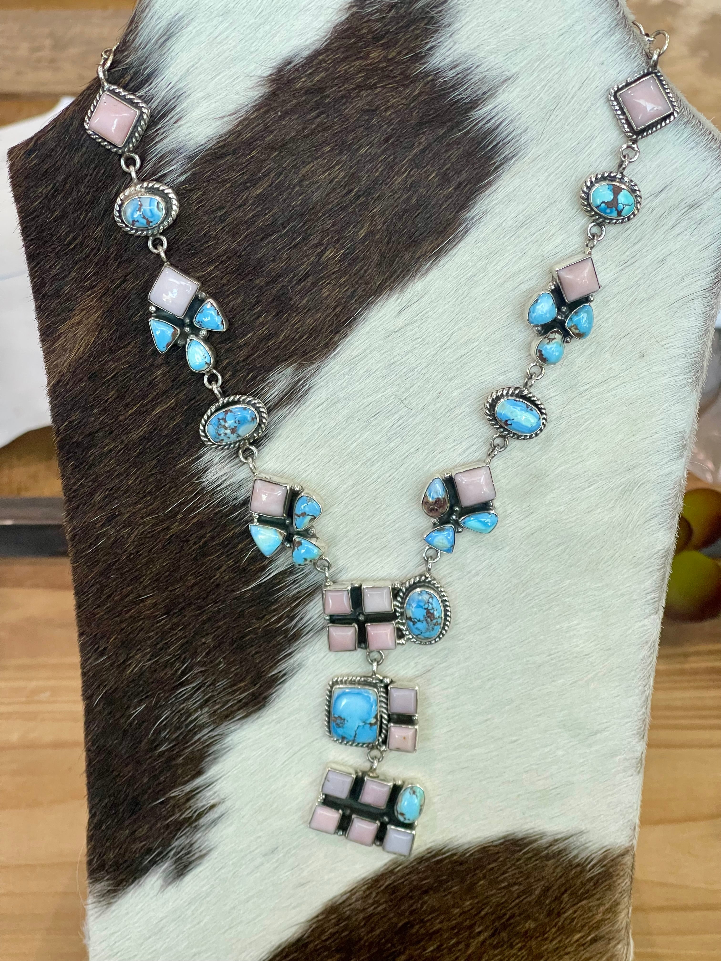 Beautiful Handmade Sterling Silver Golden Hills Turquoise Pink Opal Necklace Set