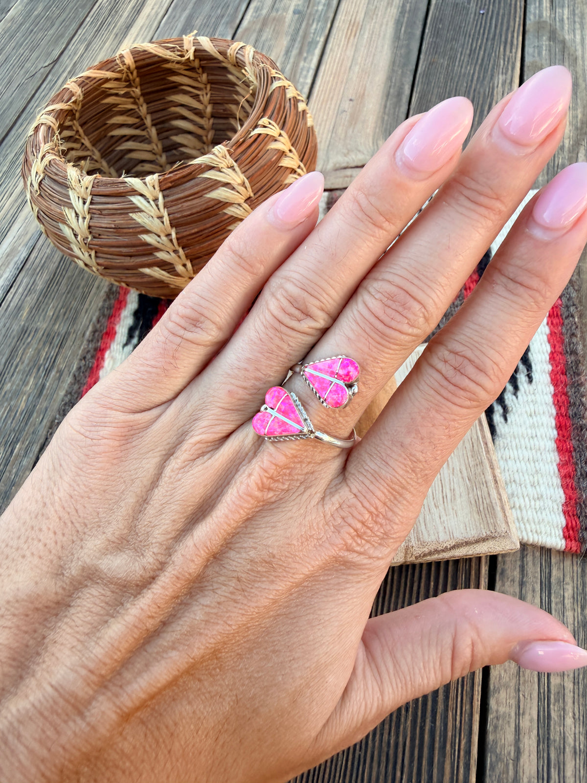 Handcrafted Pink Opal & Sterling Silver Inlay Heart Adjustable Ring