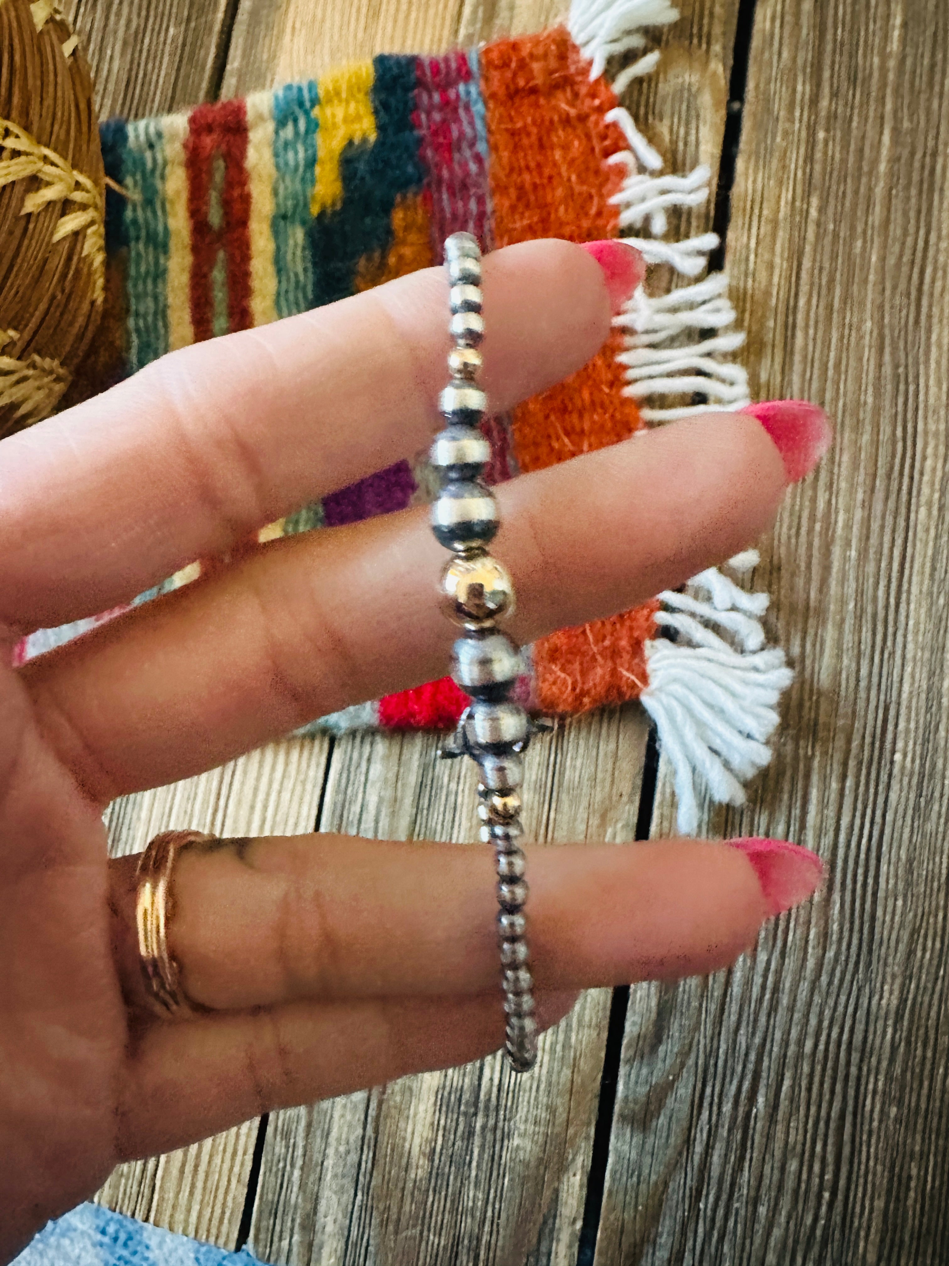 Handcrafted Gold Plated Sterling & Sterling Silver Pearl Beaded Bracelet