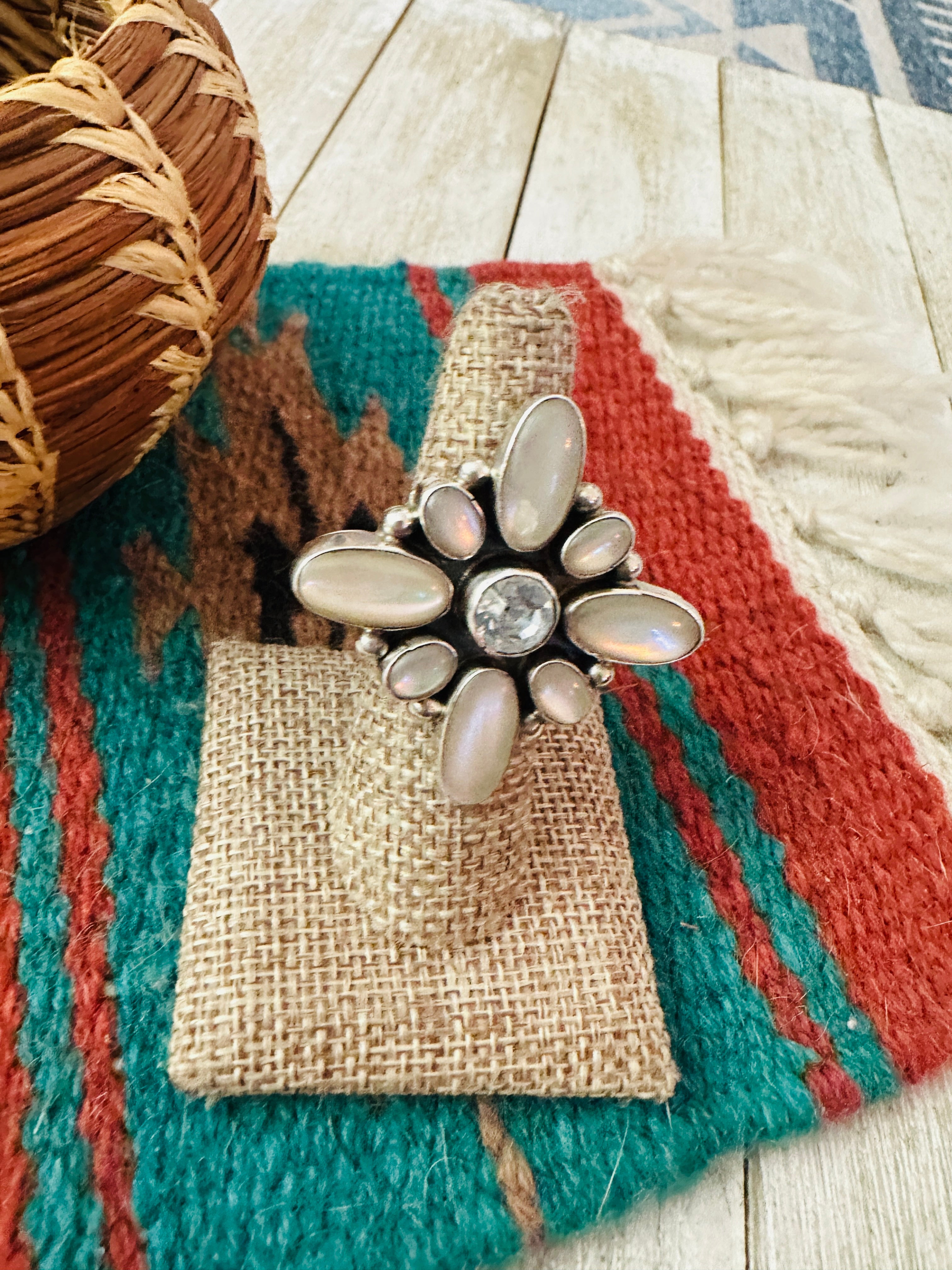 Handcrafted Mother of Pearl, CZ & Sterling Silver Adjustable Ring by Jacqueline Silver