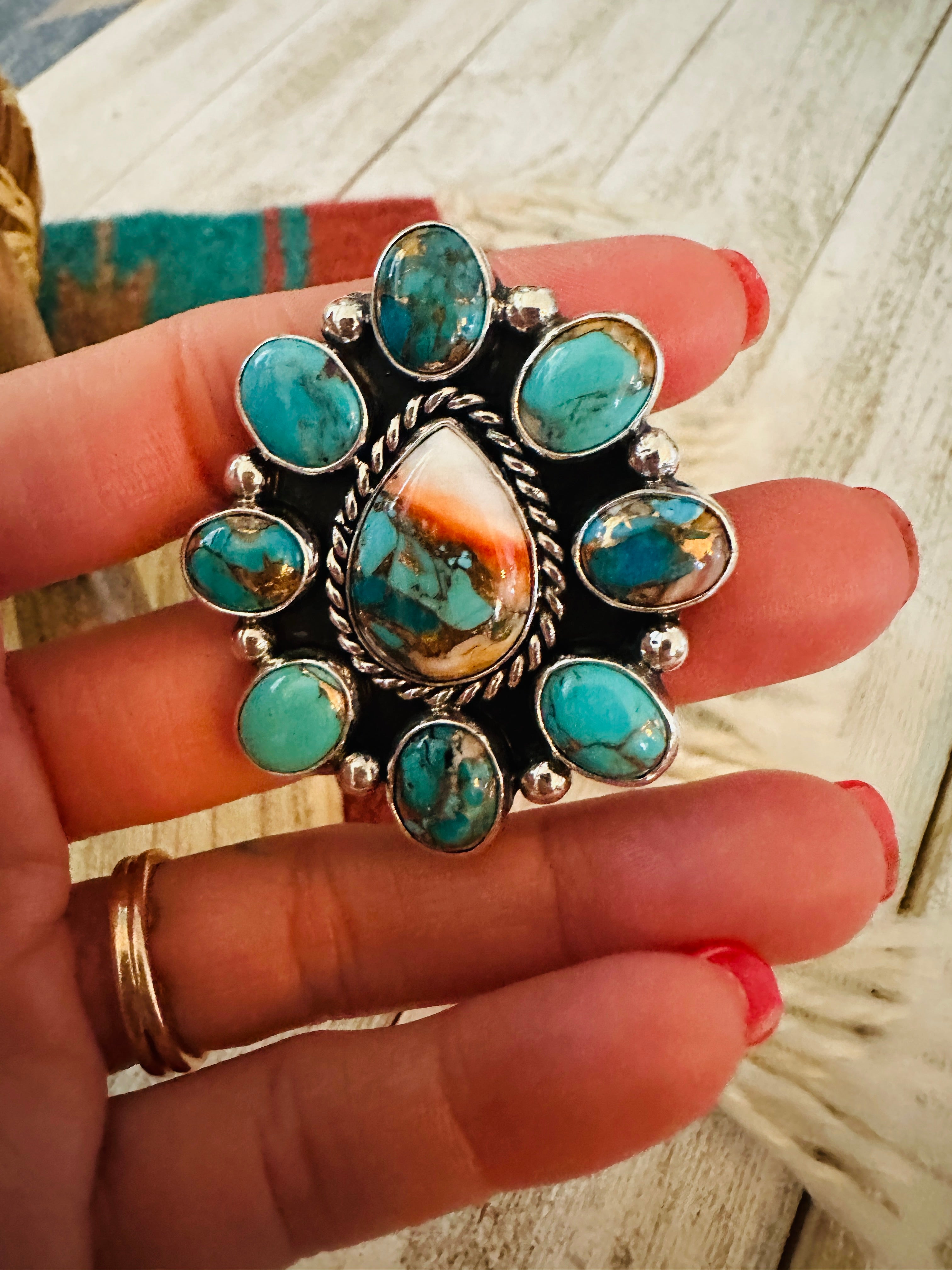 Navajo Sterling Silver & Multi Stone Spice Cluster Adjustable Ring