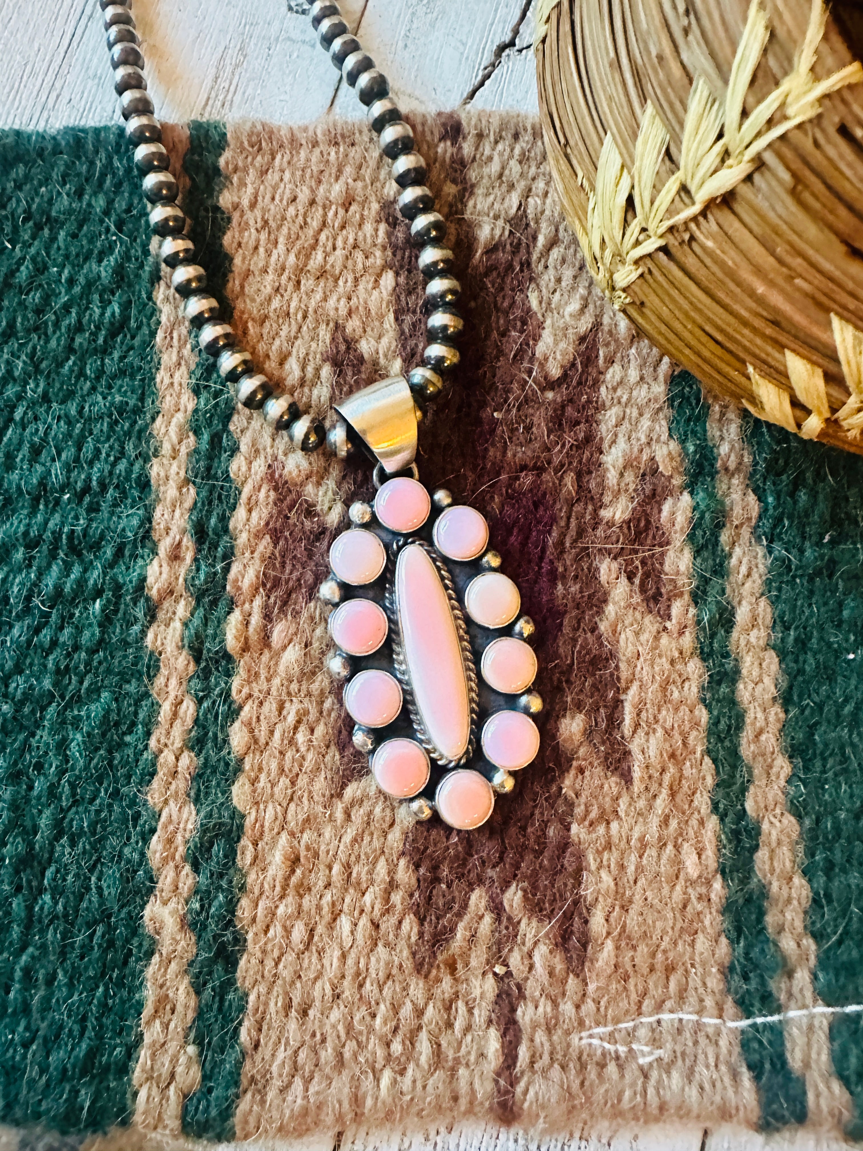 Navajo Queen Pink Conch Shell & Sterling Silver Cluster Pendant