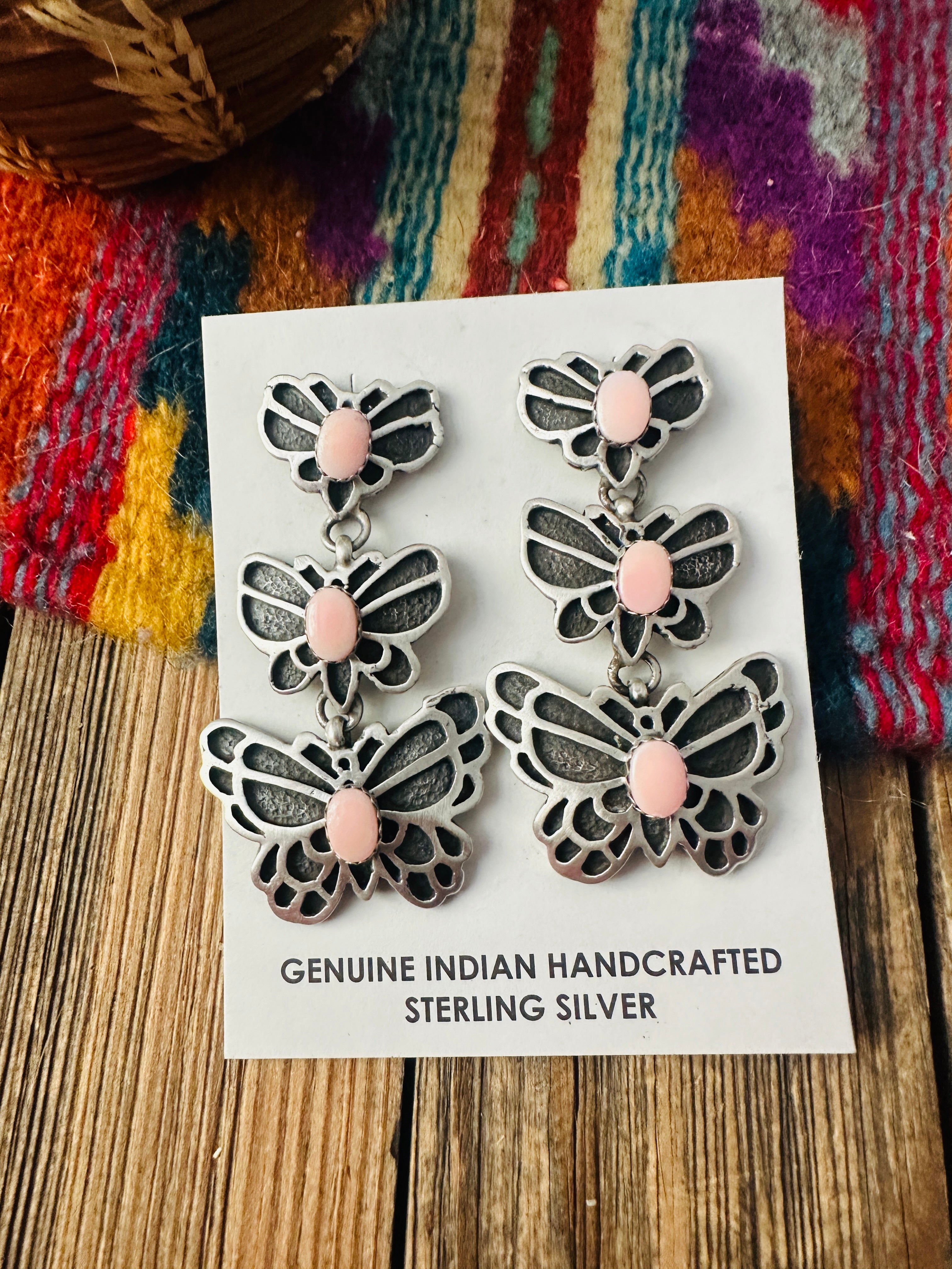 Handcrafted Queen Pink Conch & Sterling Silver Butterfly Dangle Earrings