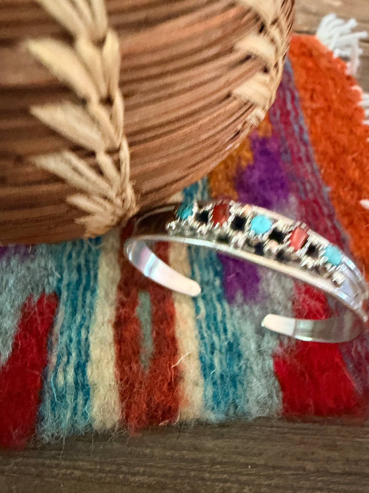 Handcrafted Turquoise, Coral & Sterling Silver Baby Cuff Bracelet
