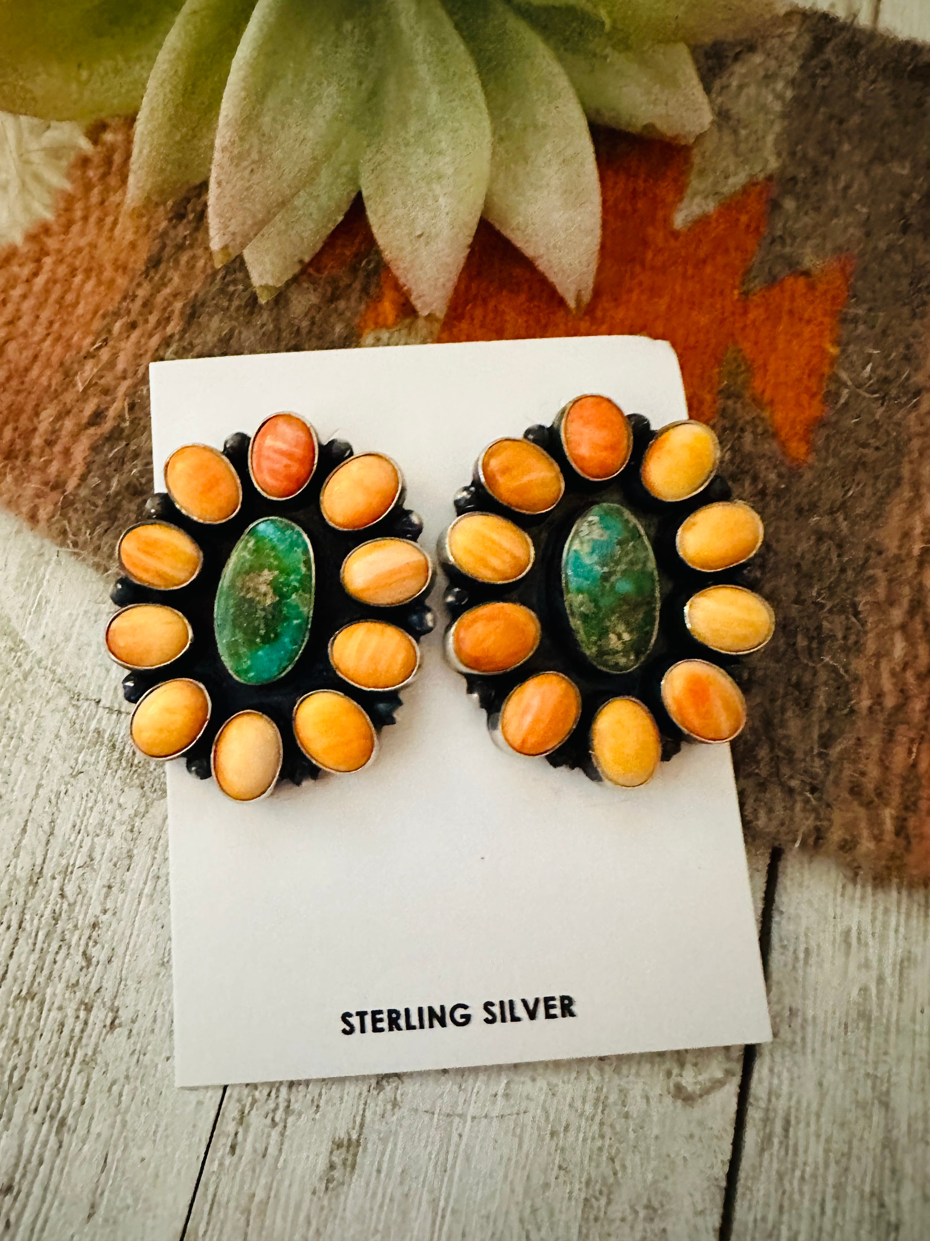 Navajo Sterling Silver, Orange Spiny & Turquoise Cluster Earrings