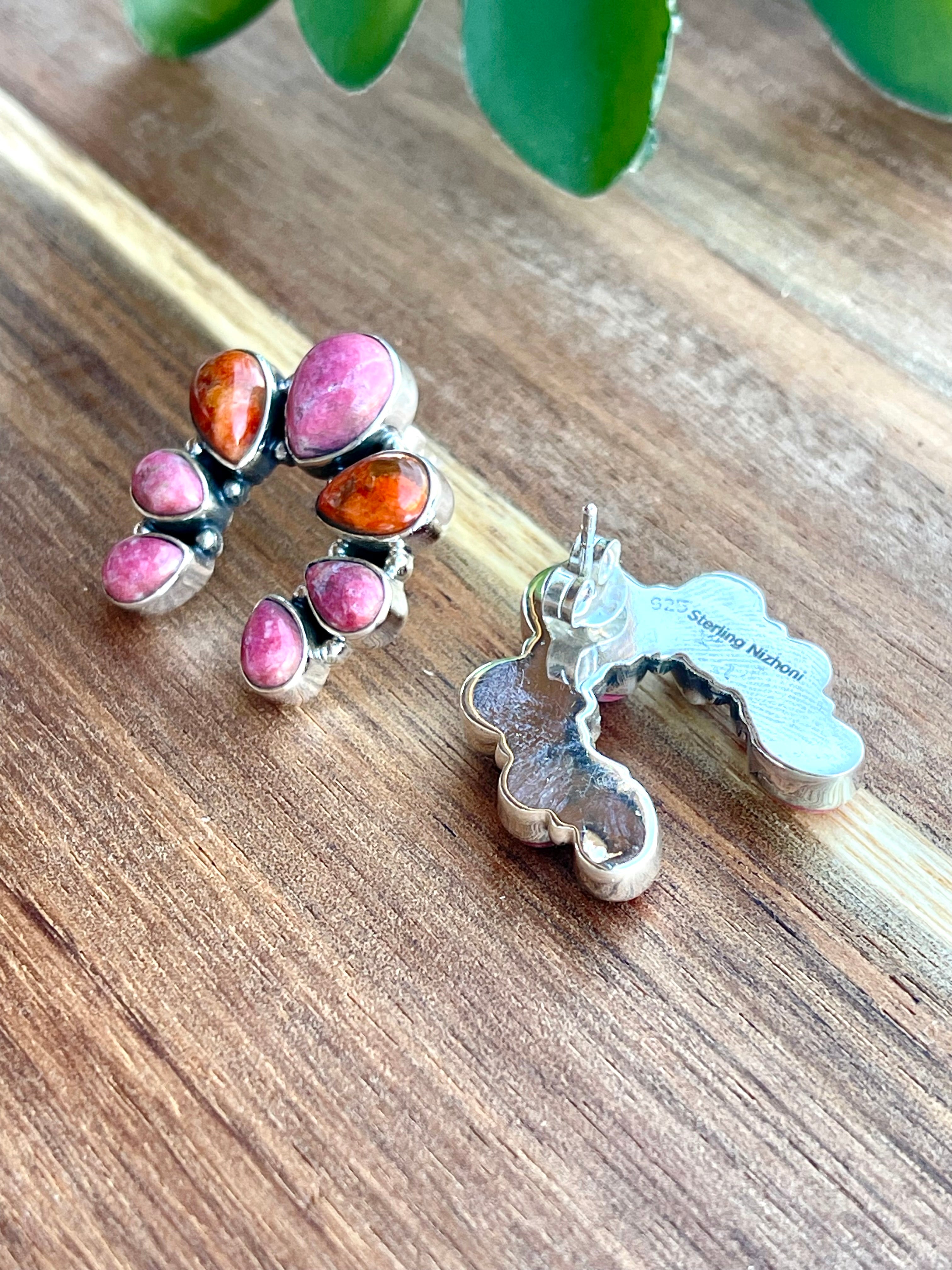 Handmade Orange Mojave, Rhodonite and Sterling Silver Post Naja Earrings Signed Nizhoni