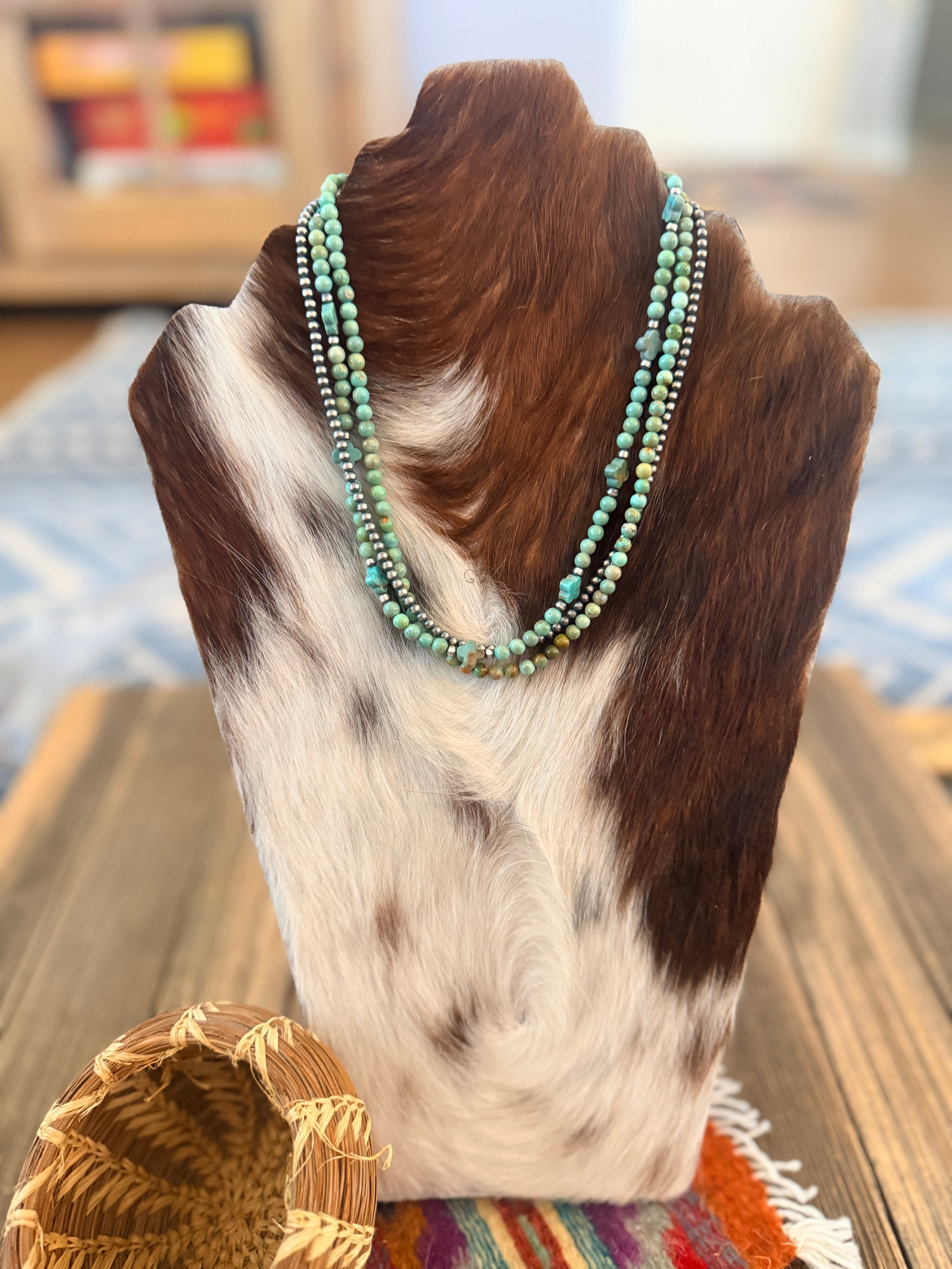 Handcrafted Turquoise and Sterling Silver Pearl Triple-Strand Beaded Necklace