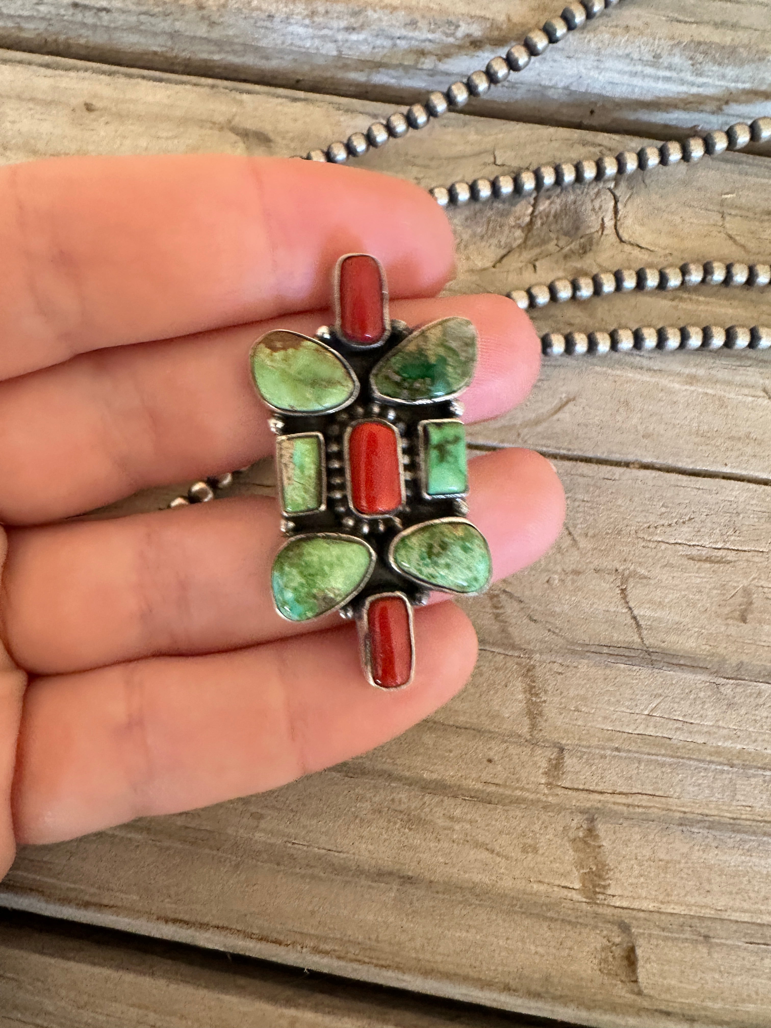 Beautiful Handmade Coral, Sonoran Turquoise And Sterling Silver Adjustable Ring