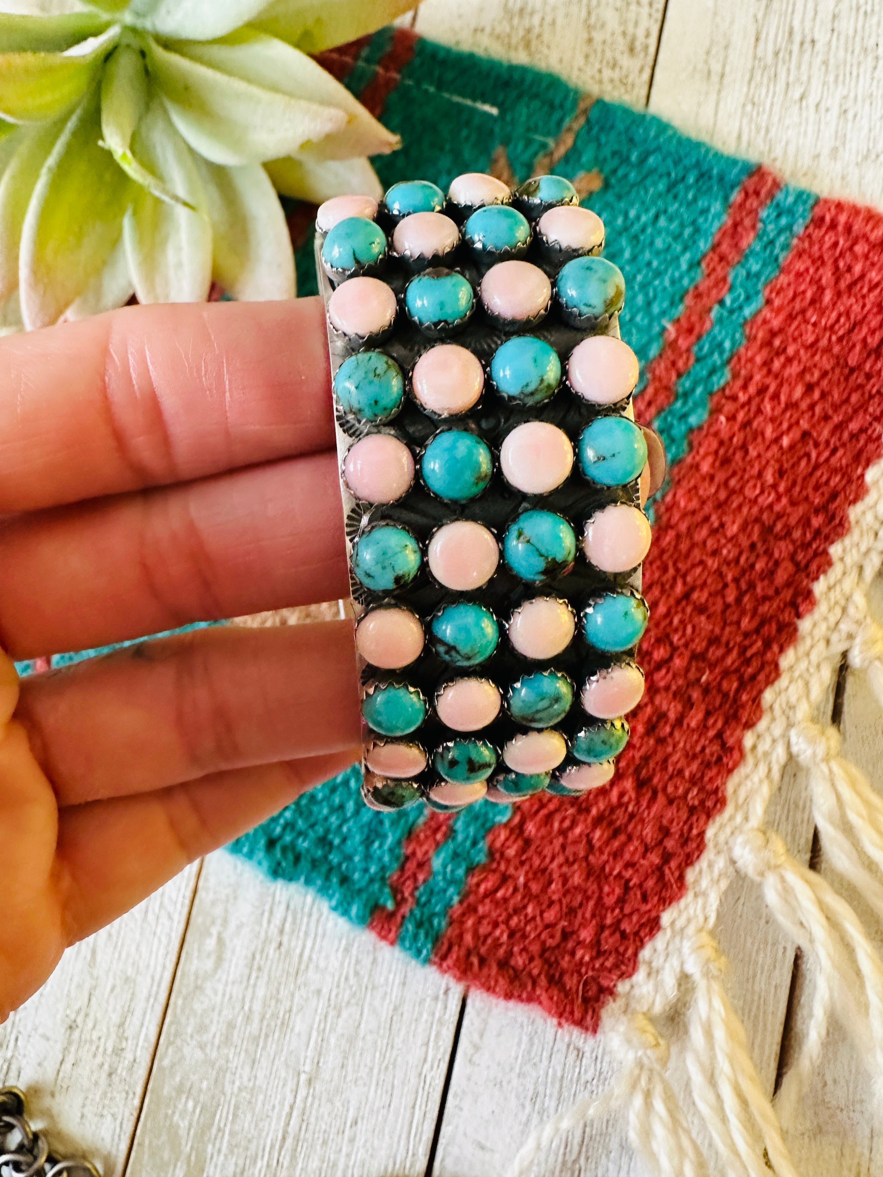 Navajo Sterling Silver, Queen Pink Conch & Turquoise Cuff Bracelet by Leroy James