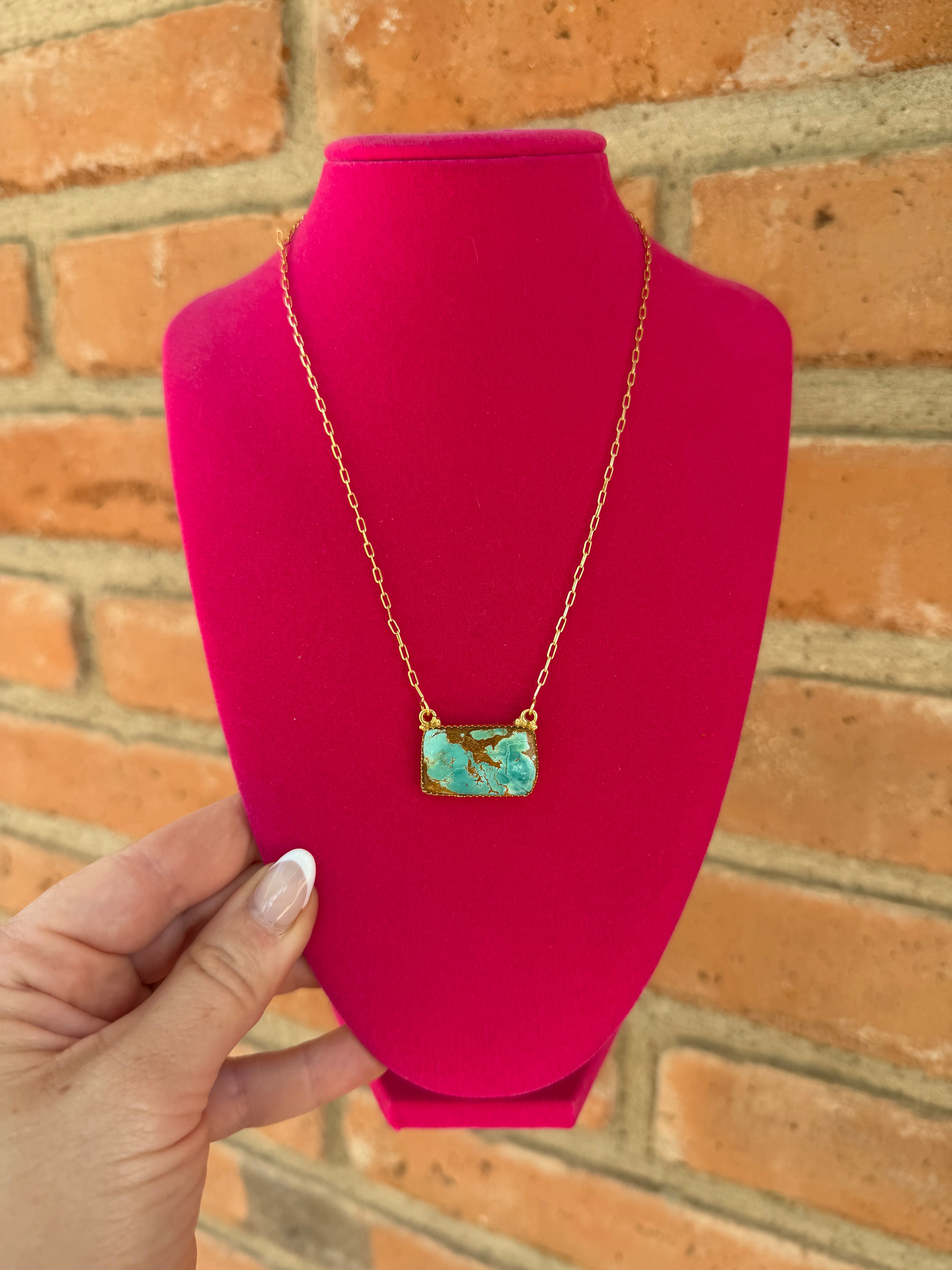 “The Golden Collection” Handmade Sterling Silver Gold Over Silver Ribbon Royston Turquoise Bar Necklace Signed Nizhoni