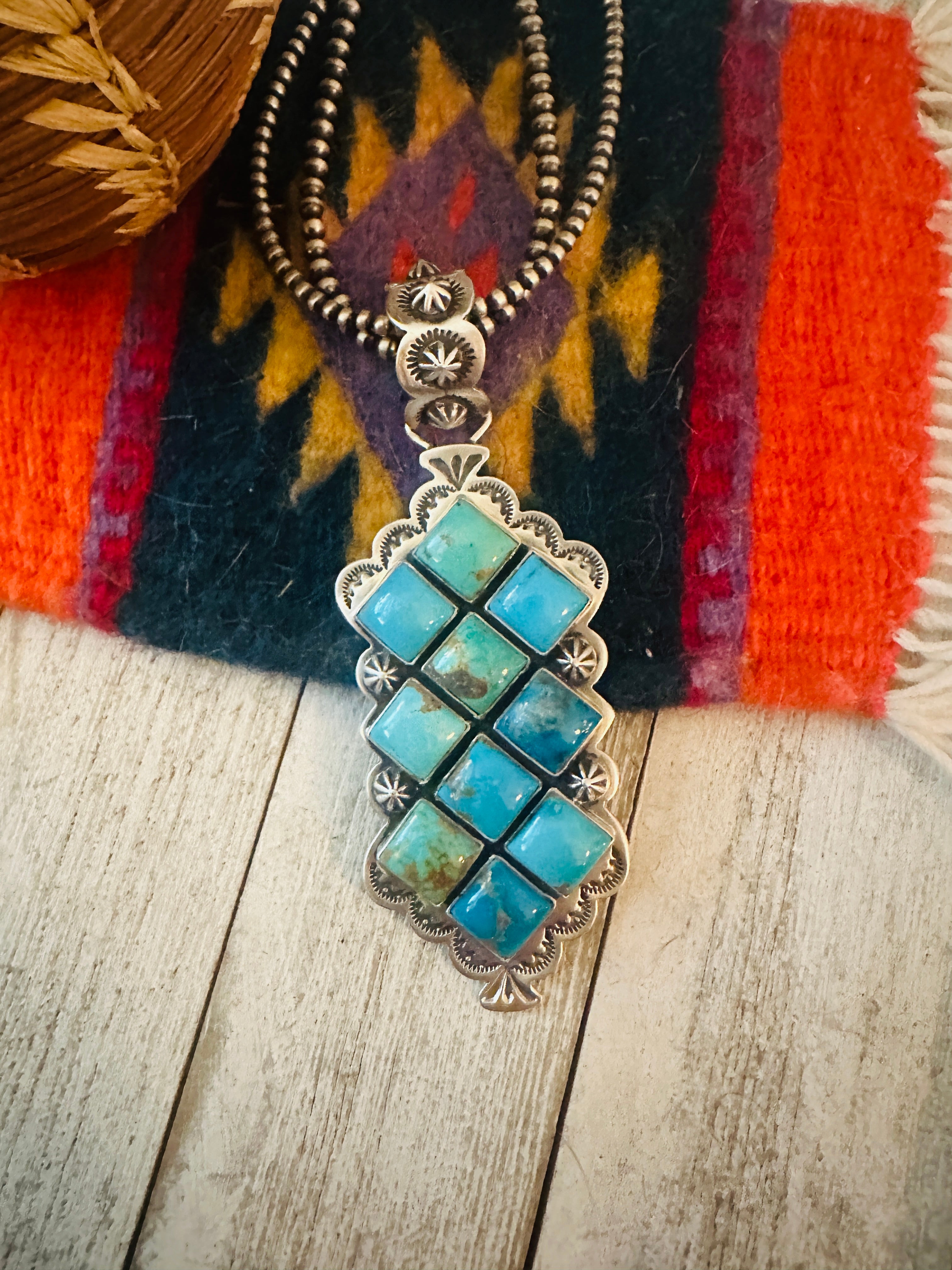 Navajo Turquoise and Sterling Silver Cluster Pendant by Charles Johnson