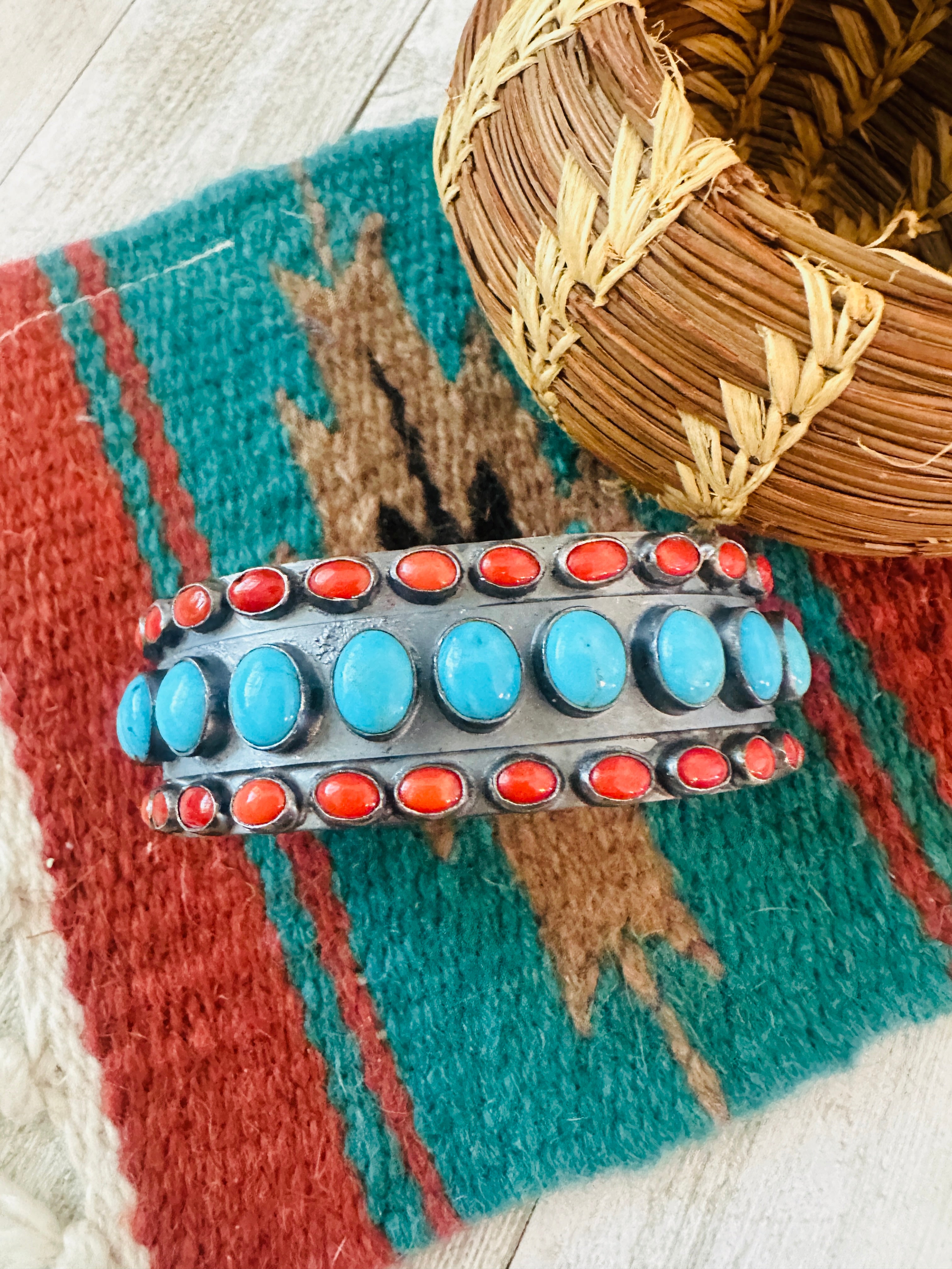 Handcrafted Turquoise, Coral & Sterling Silver Cuff Bracelet