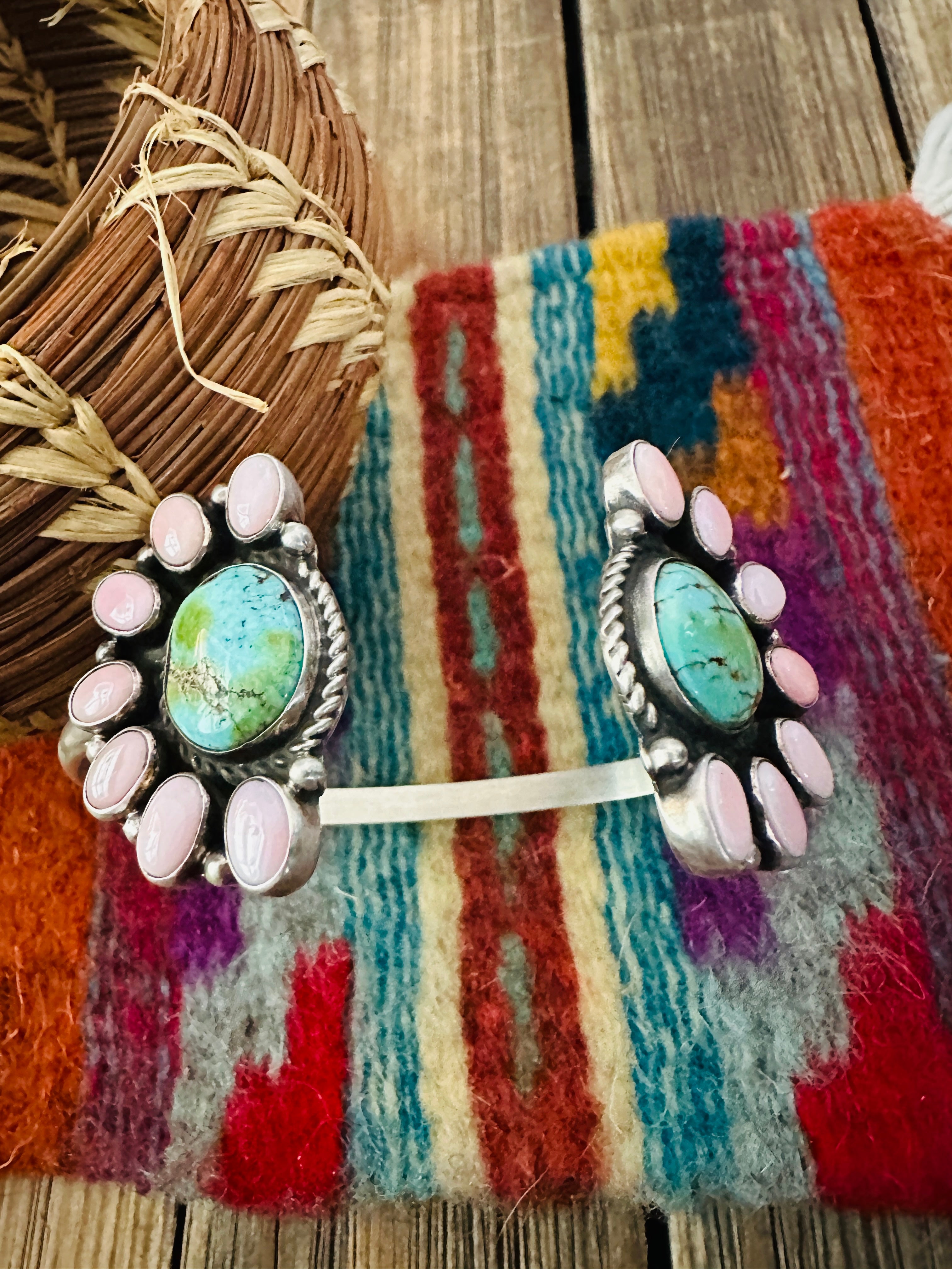 Handcrafted Queen Pink Conch, Turquoise & Sterling Silver Floating Cuff Bracelet by Geraldine James