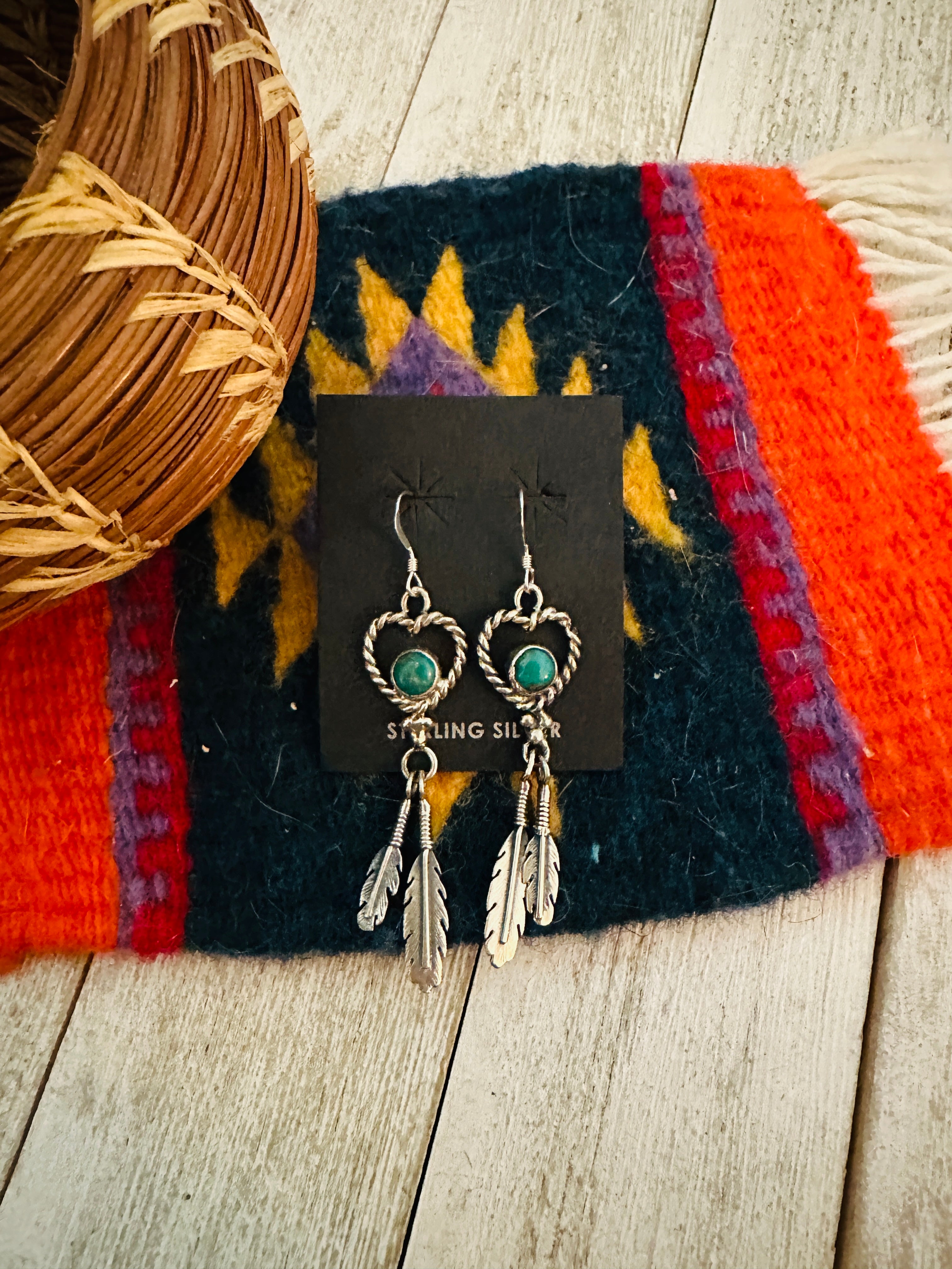 Navajo Turquoise & Sterling Silver Heart Feather Dangle Earrings