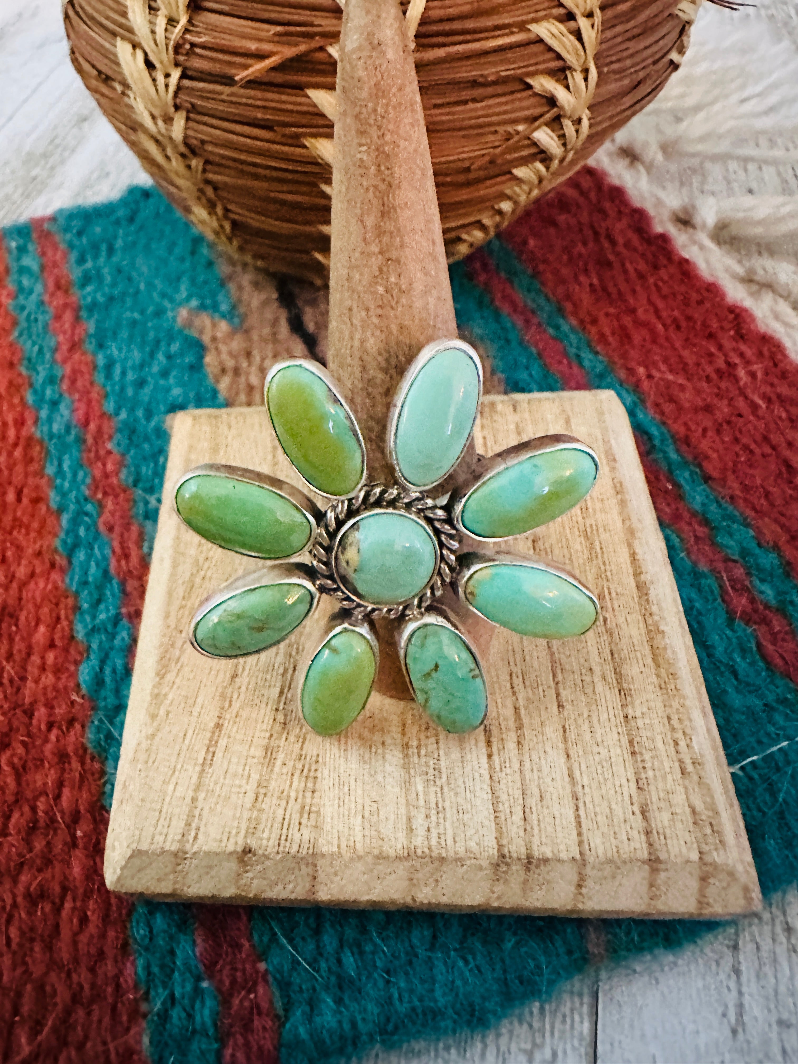 Navajo Sterling Silver & Turquoise Flower Adjustable Ring