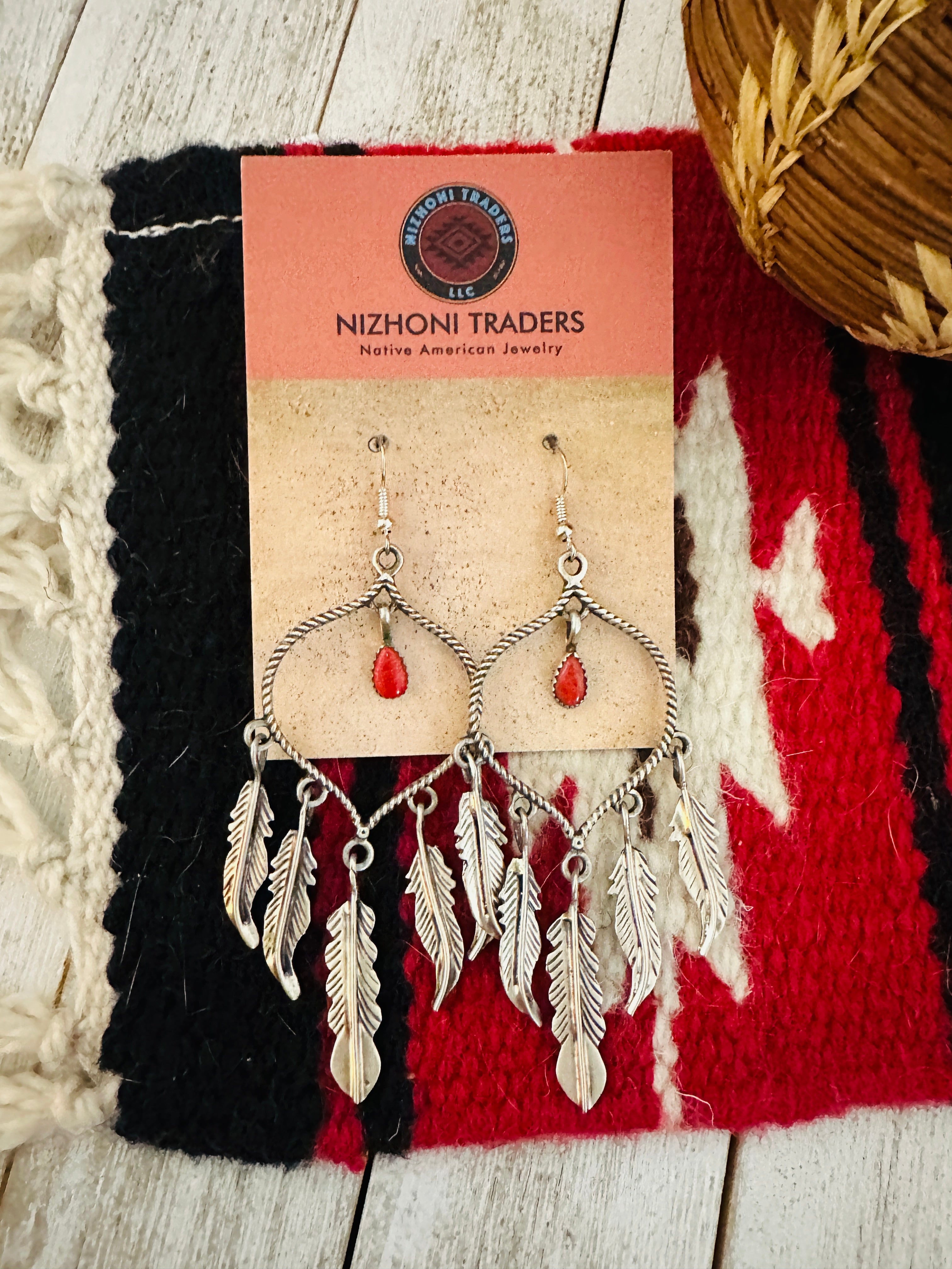 Navajo Coral & Sterling Silver Feather Dangle Earrings