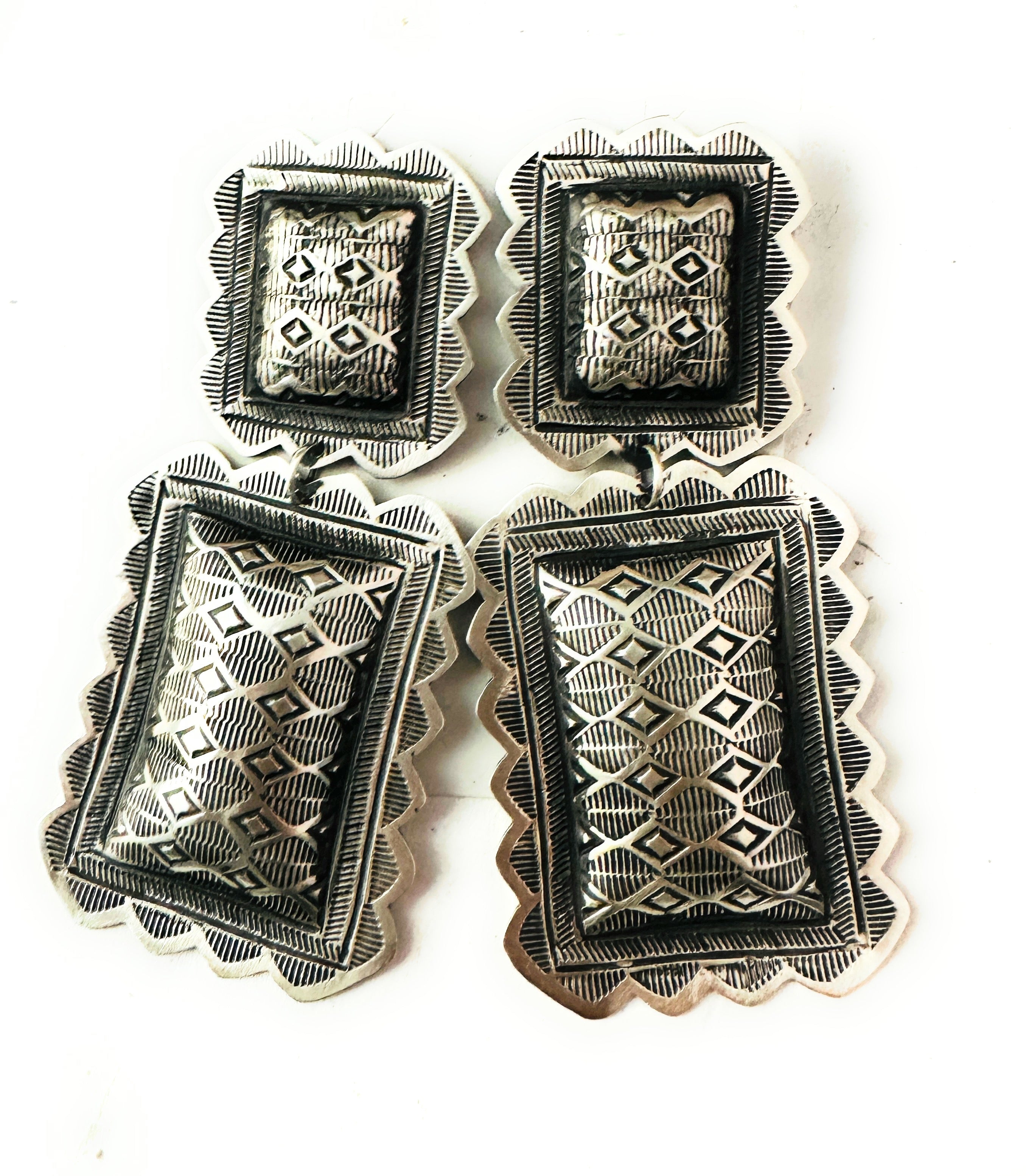 Navajo Hand Stamped Sterling Silver Concho Dangle Earrings by Leander Tahe