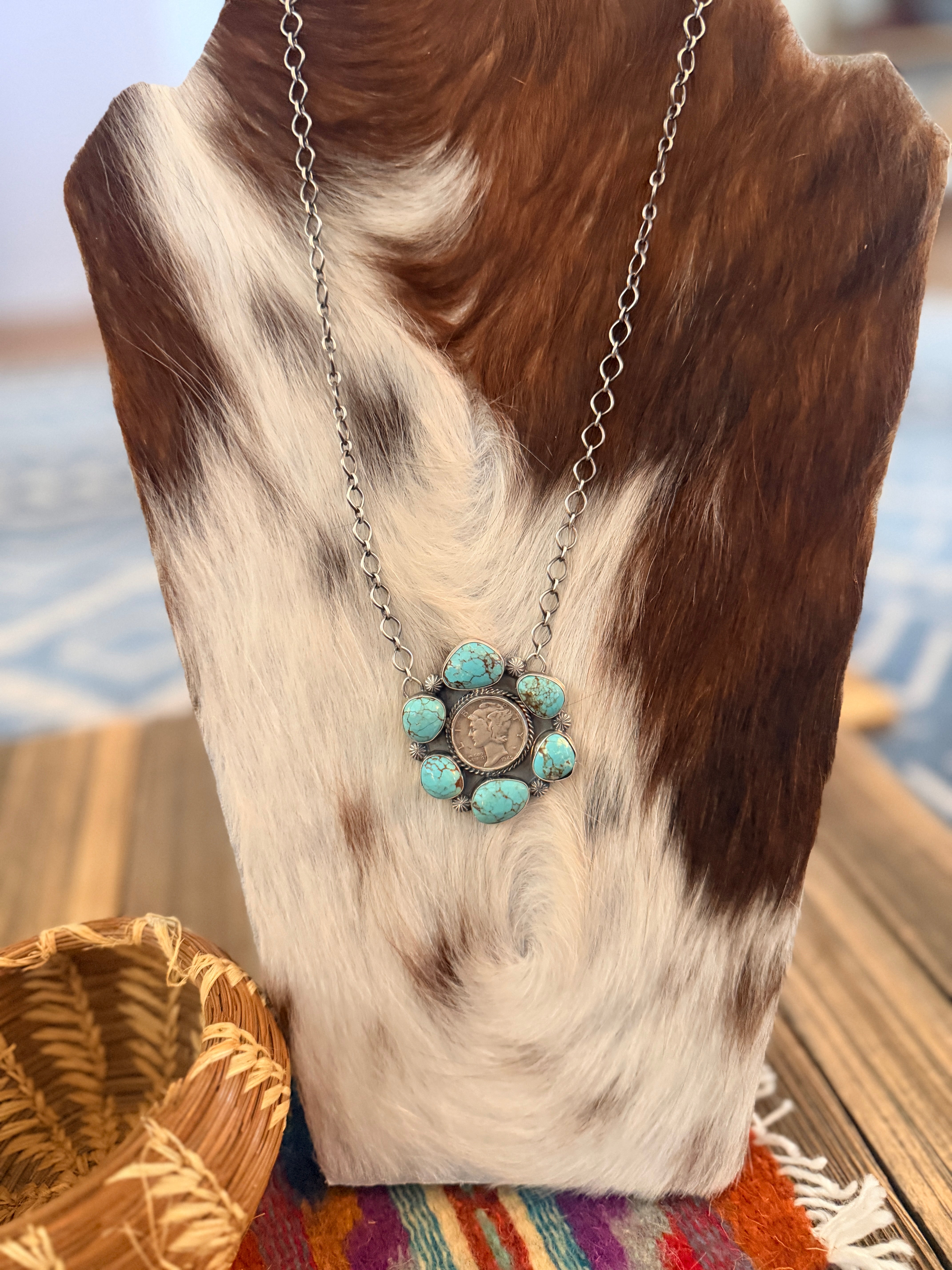 Handcrafted Turquoise & Sterling Silver Liberty Dime Necklace by Sheila Tso