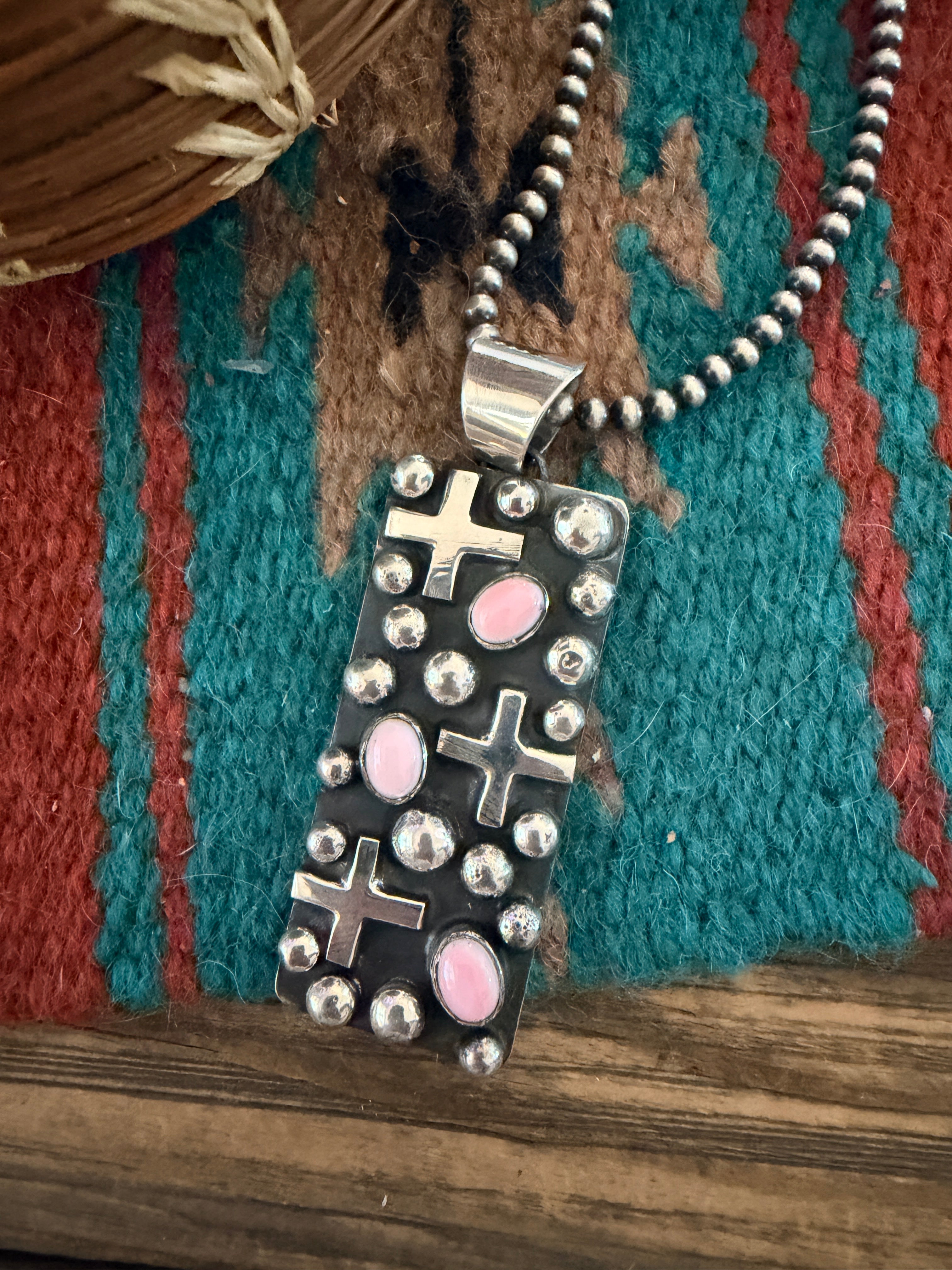 Handcrafted Sterling Silver & Queen Pink Conch Cross Pendant by Chimney Butte