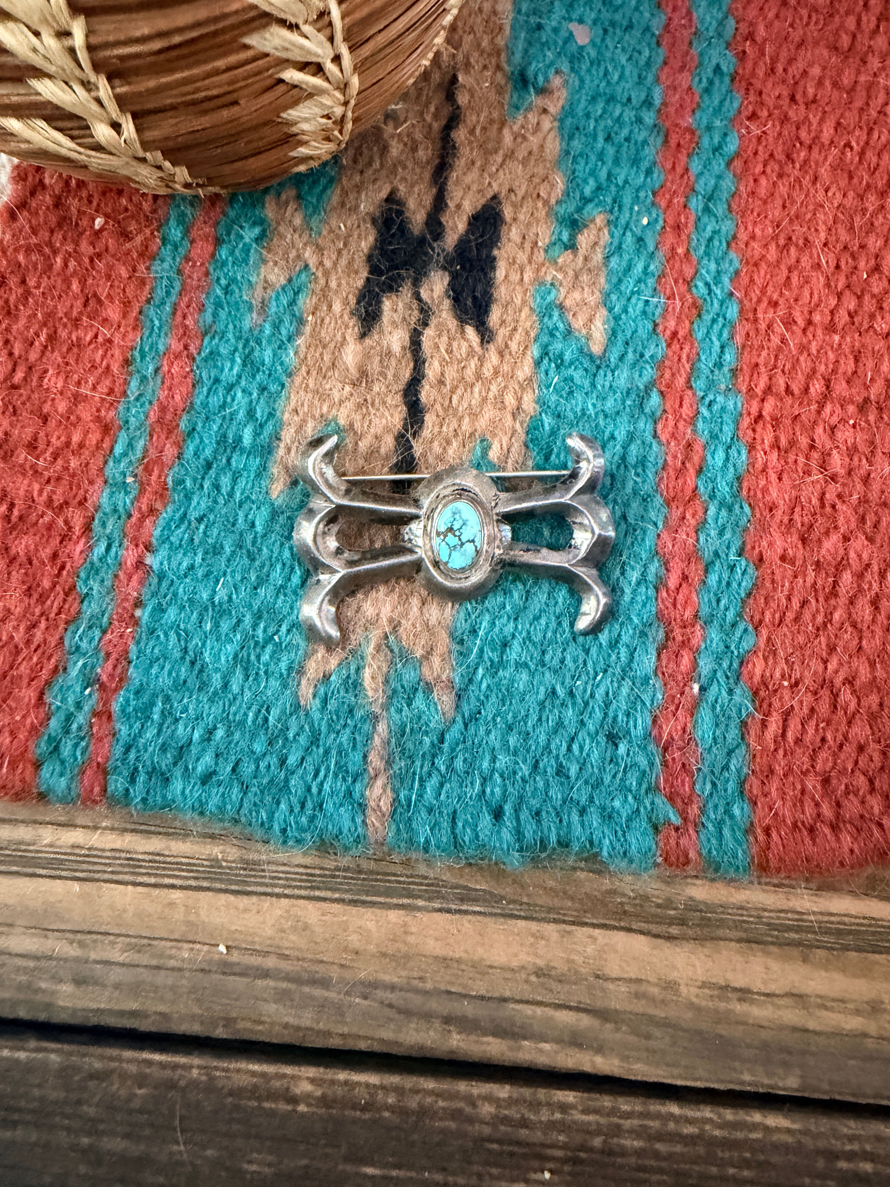 Old Pawn Handcrafted Turquoise and Sterling Silver Brooch