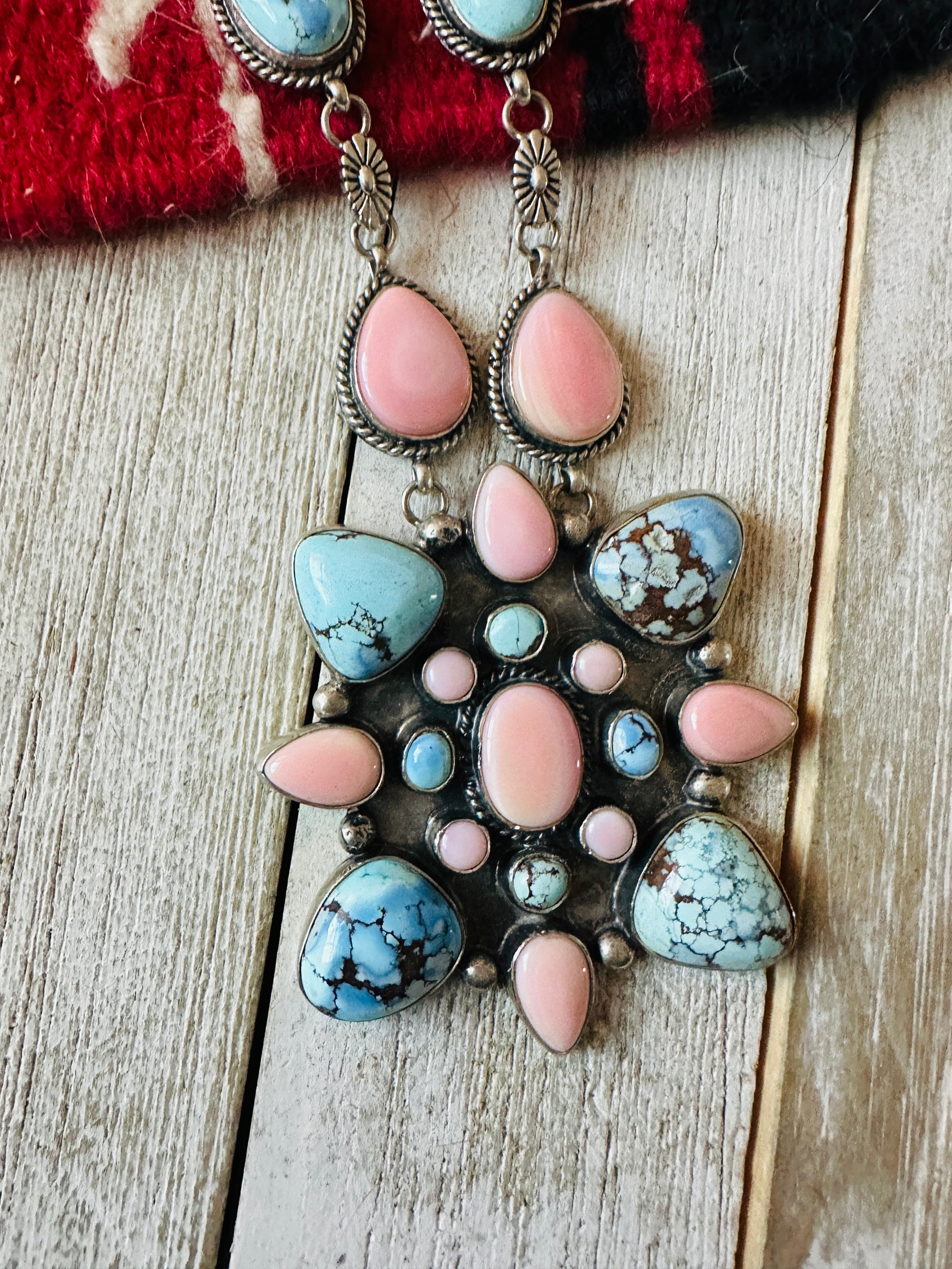 Navajo Queen Pink Conch, Turquoise & Sterling Silver Cluster Necklace Set