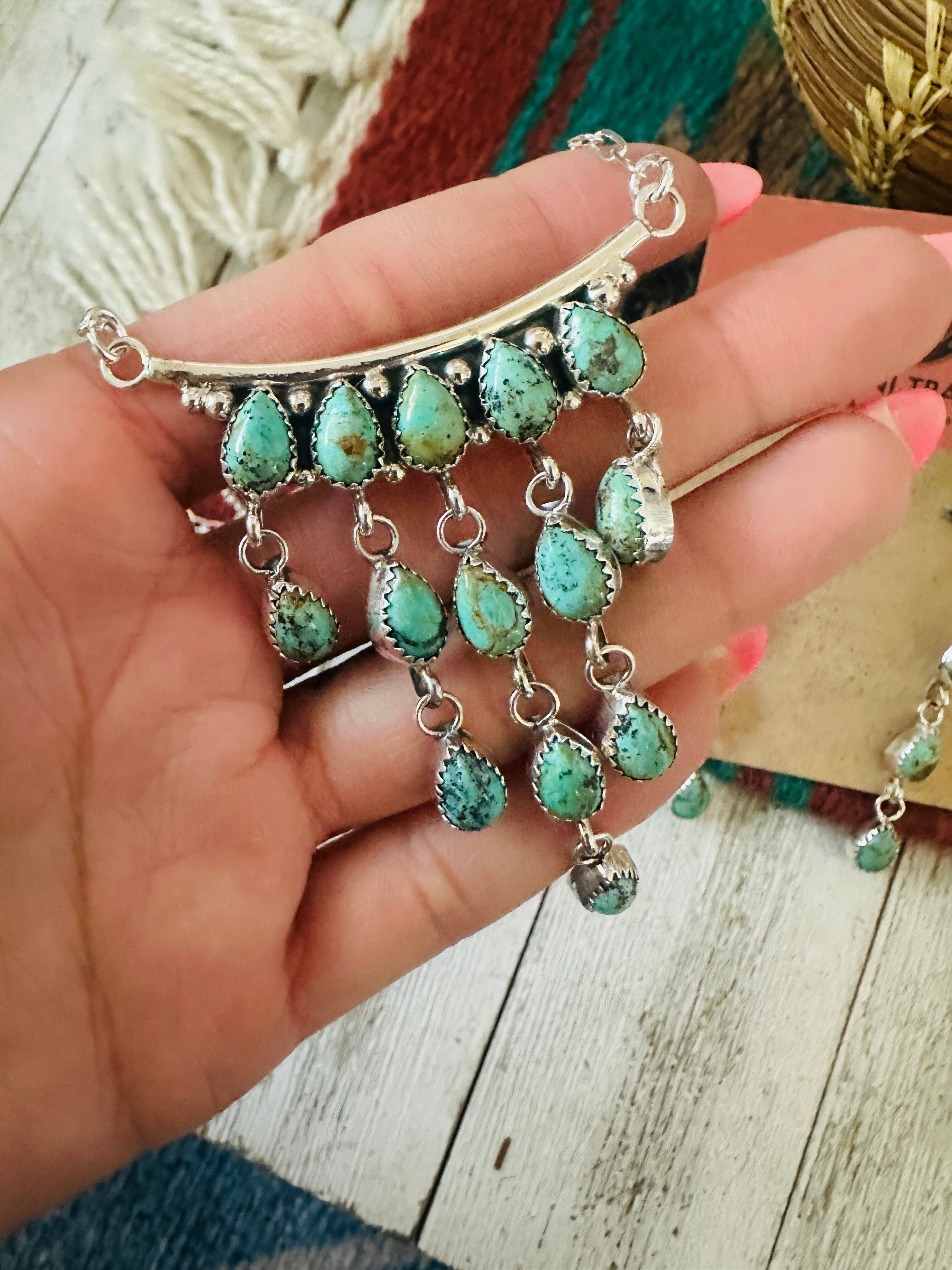 Handcrafted Sterling Silver & Turquoise Chandelier Necklace and Earring Set
