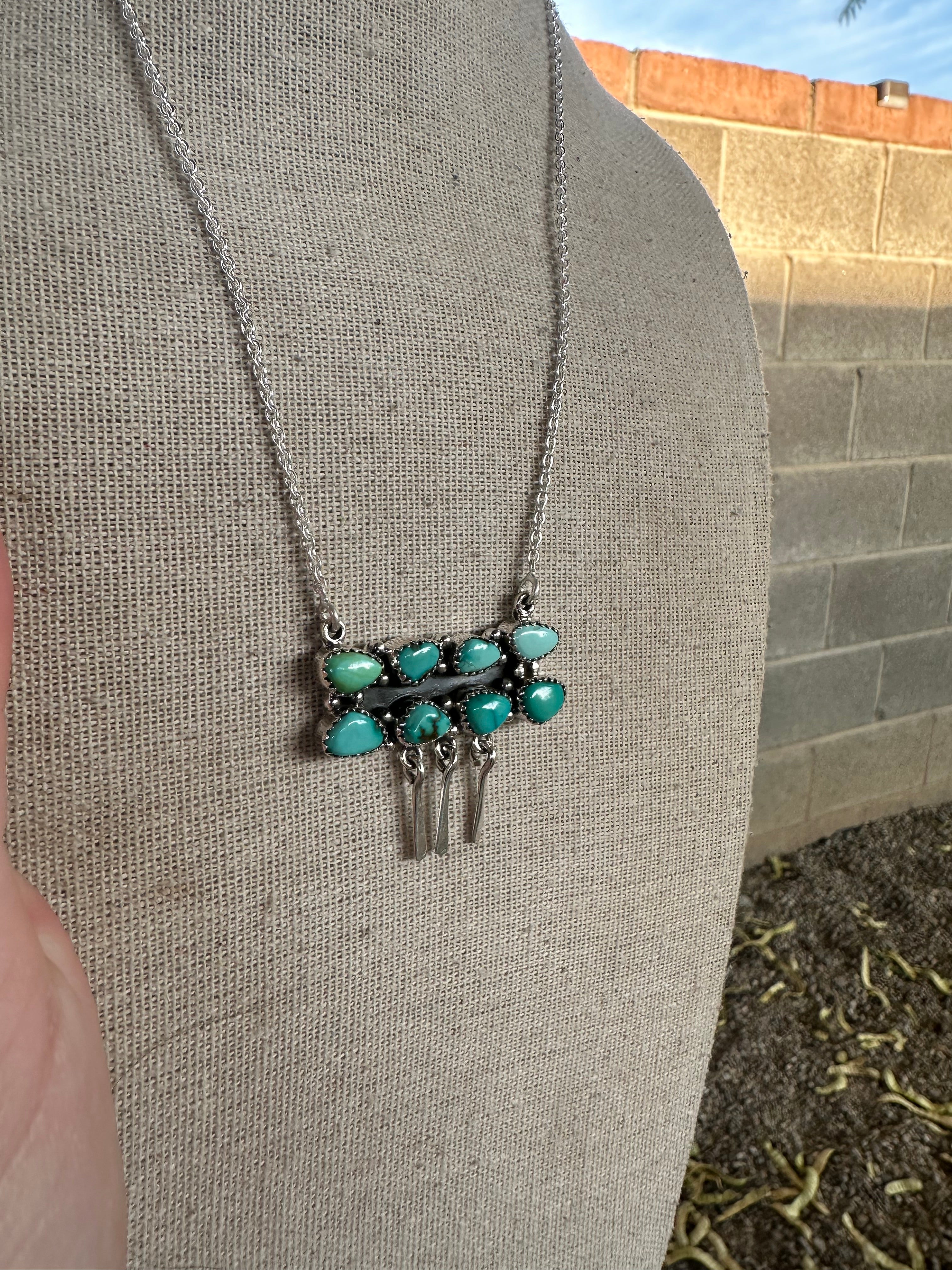 Handmade Sterling Silver & Sonoran South Hill Turquoise Bar Fringe Necklace