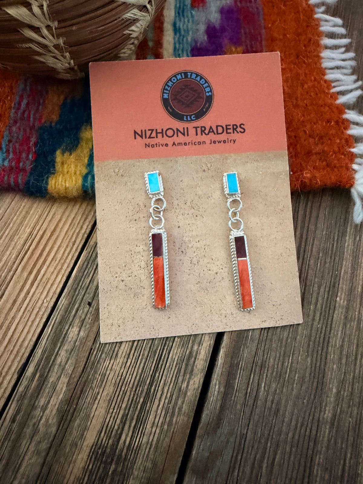 Handcrafted Spiny Oyster, Turquoise & Sterling Silver Inlay Dangle Earrings
