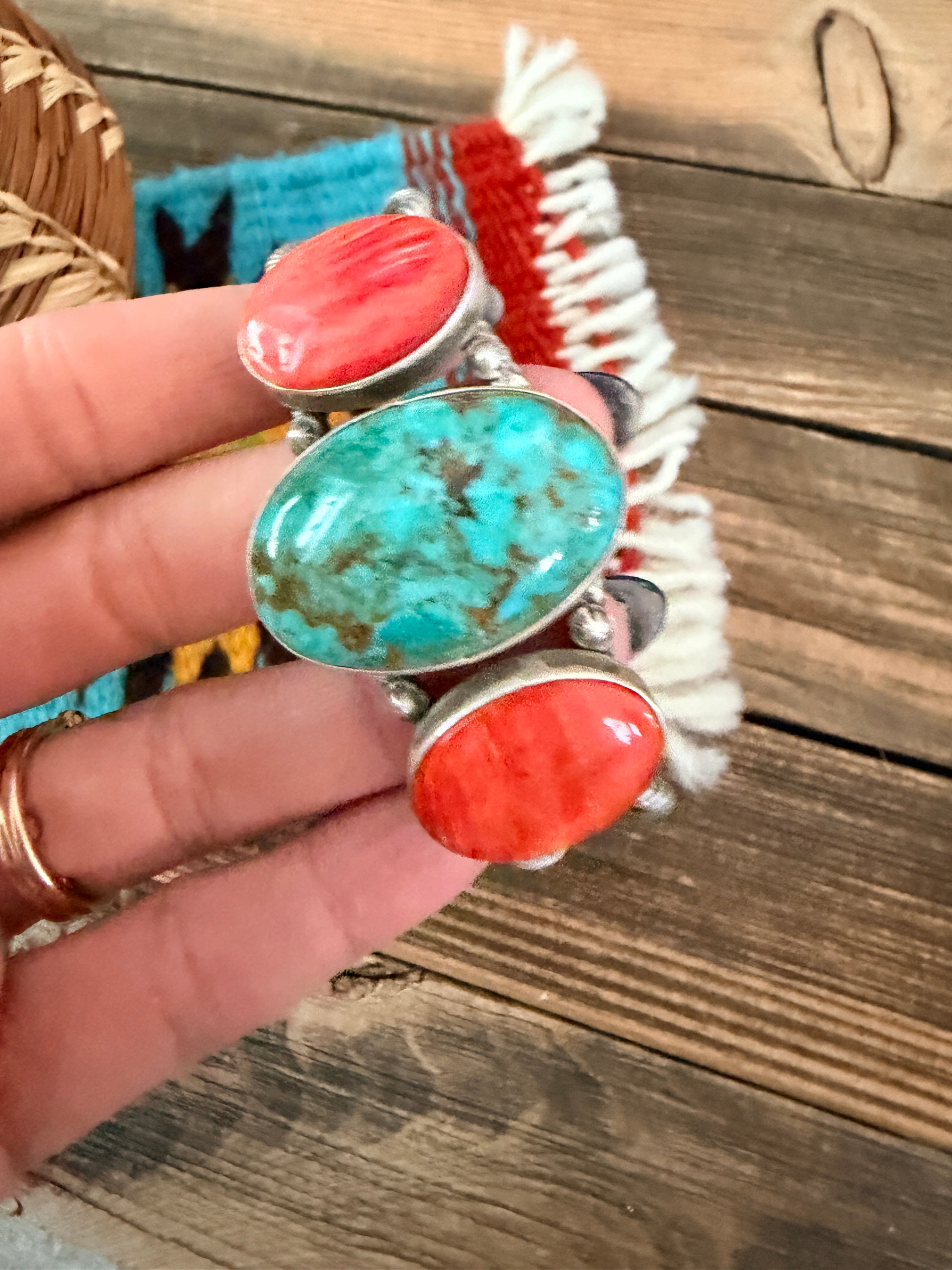 Handcrafted Spiny Oyster, Turquoise & Sterling Silver Cuff Bracelet by Patrick Yazzie