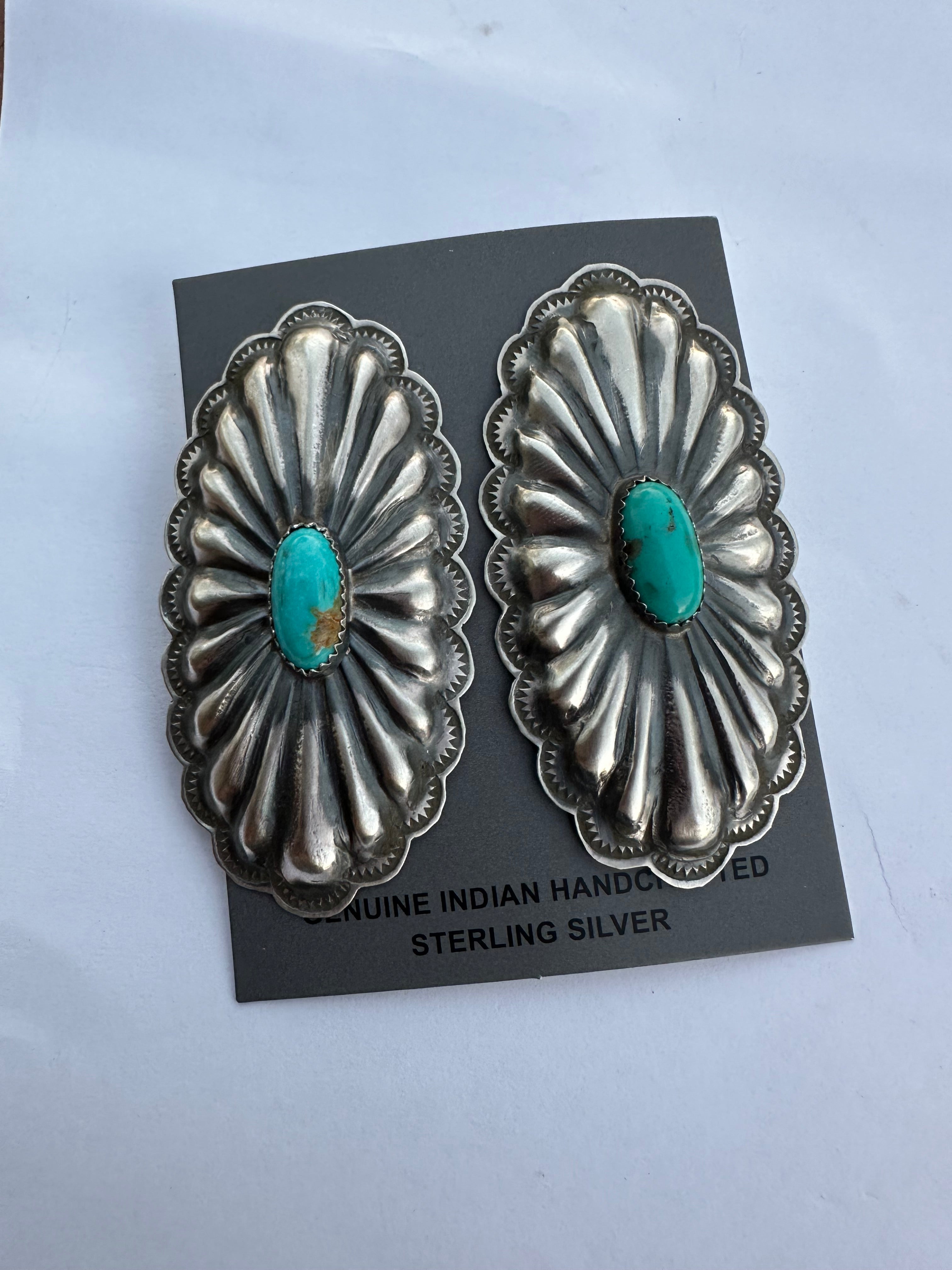 Rita Lee Navajo Hand Stamped Sterling Silver & Turquoise Concho Post Earrings