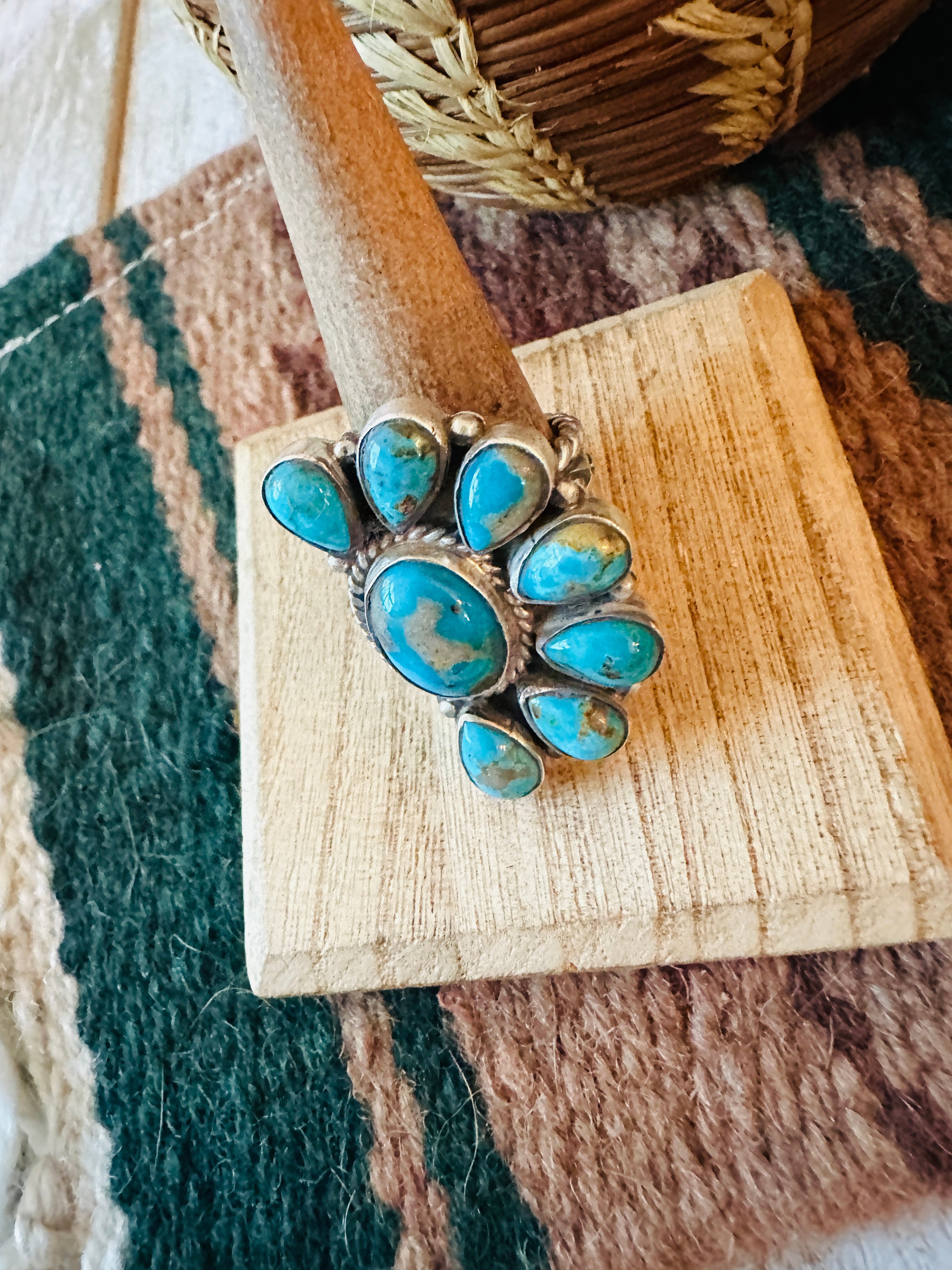 Navajo Turquoise & Sterling Silver Cluster Adjustable Ring