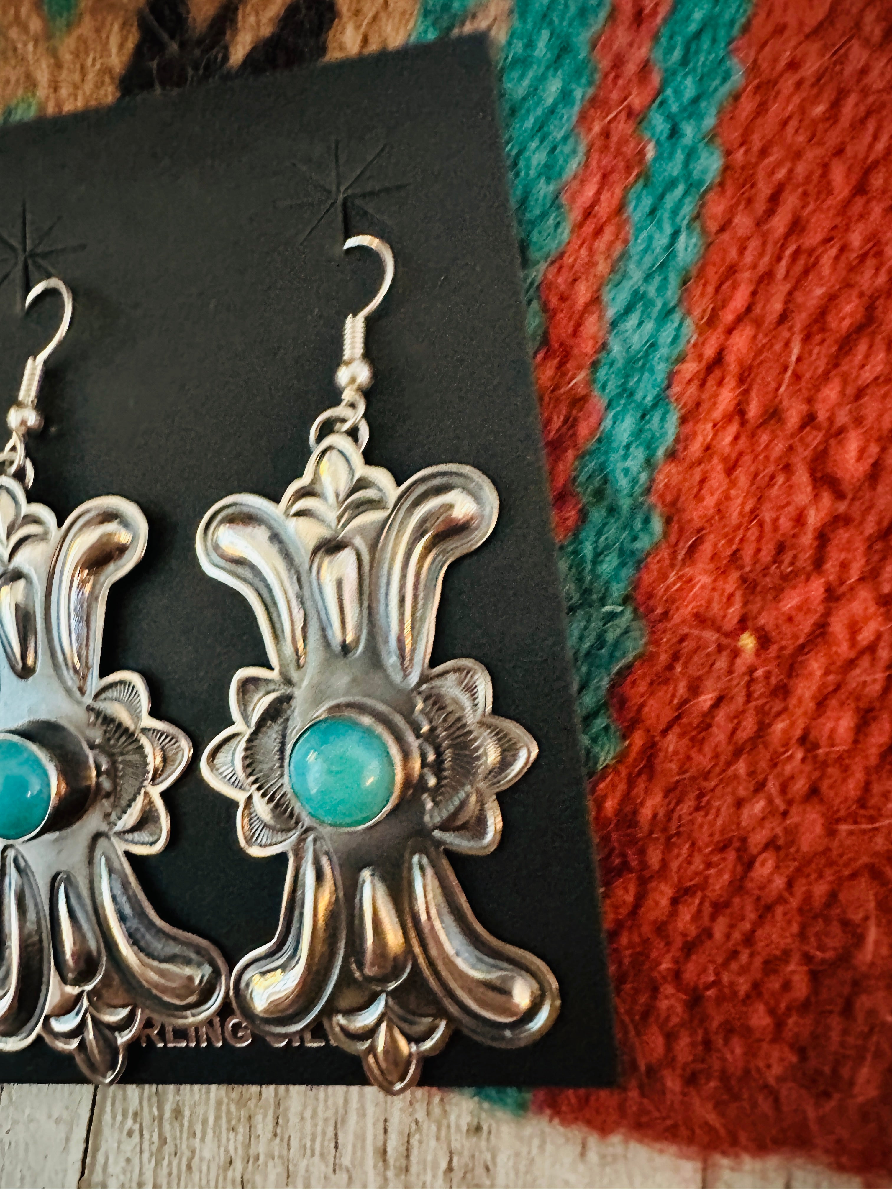 Navajo Hand Stamped Sterling Silver & Turquoise Concho Dangle Earrings