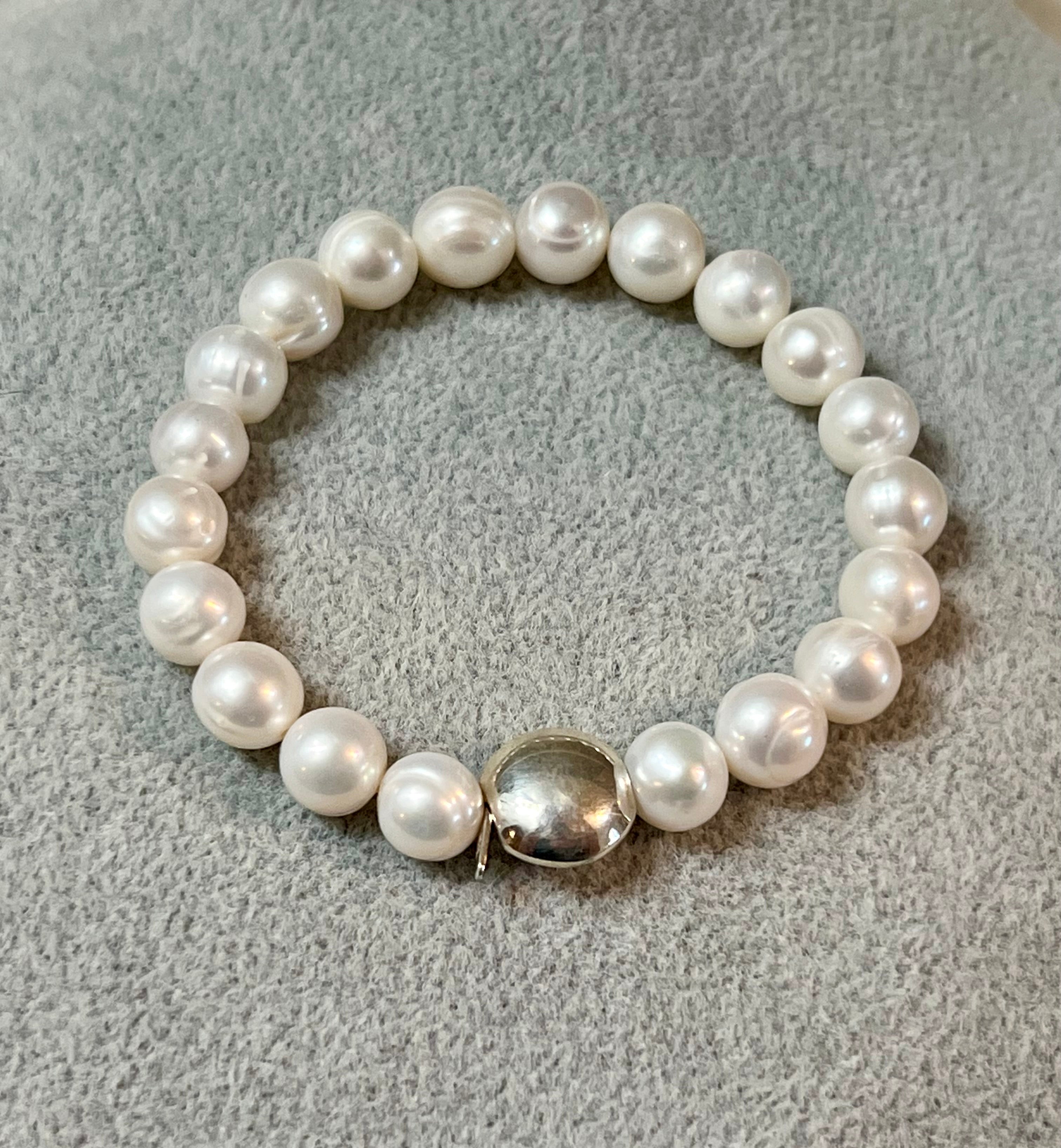 White Pearl Stretch Bracelet with Sterling Silver Disc