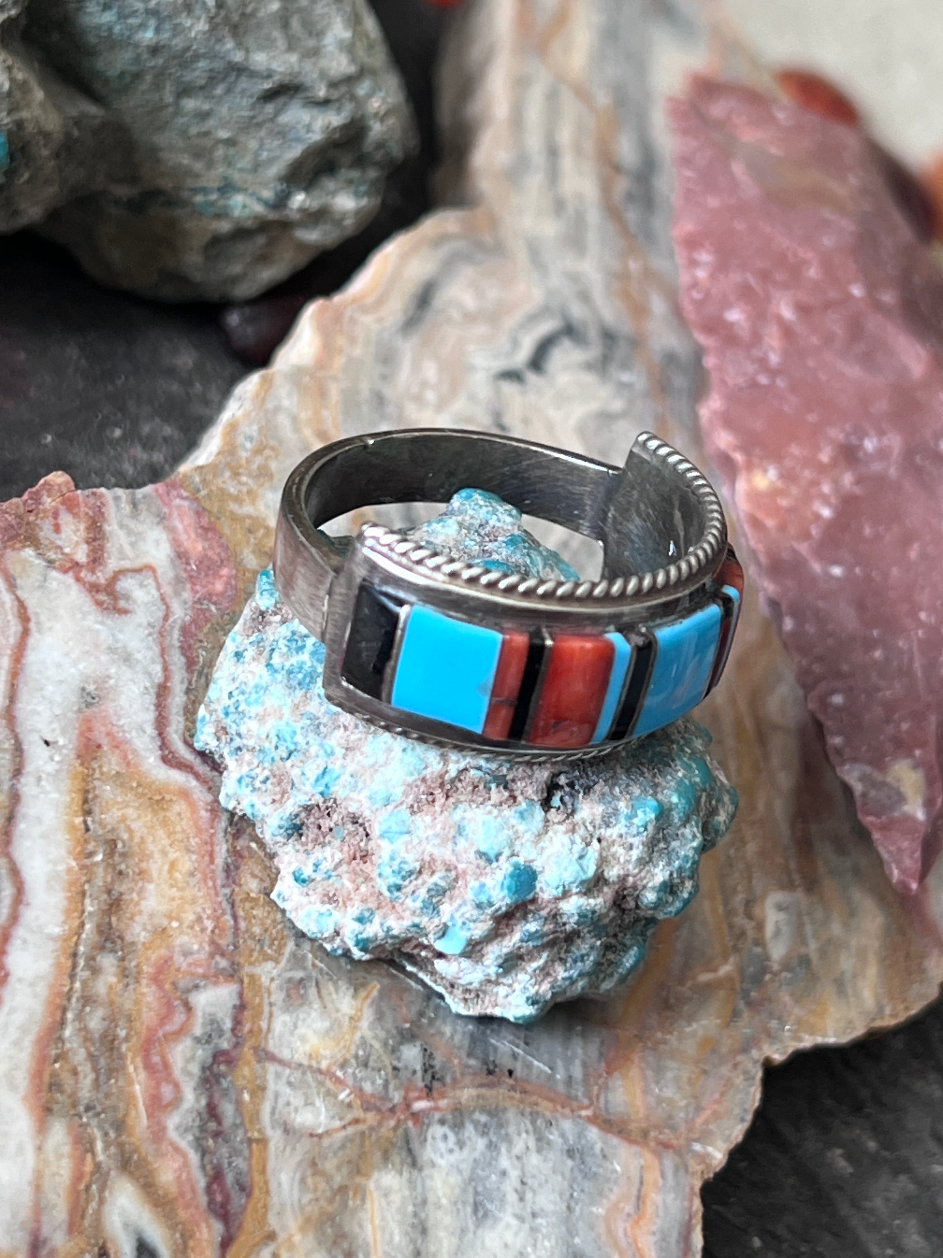 Old Pawn Sterling Silver, Turquoise, Onyx and Coral Raised Channel Inlay Ring by Deidre L Panteah